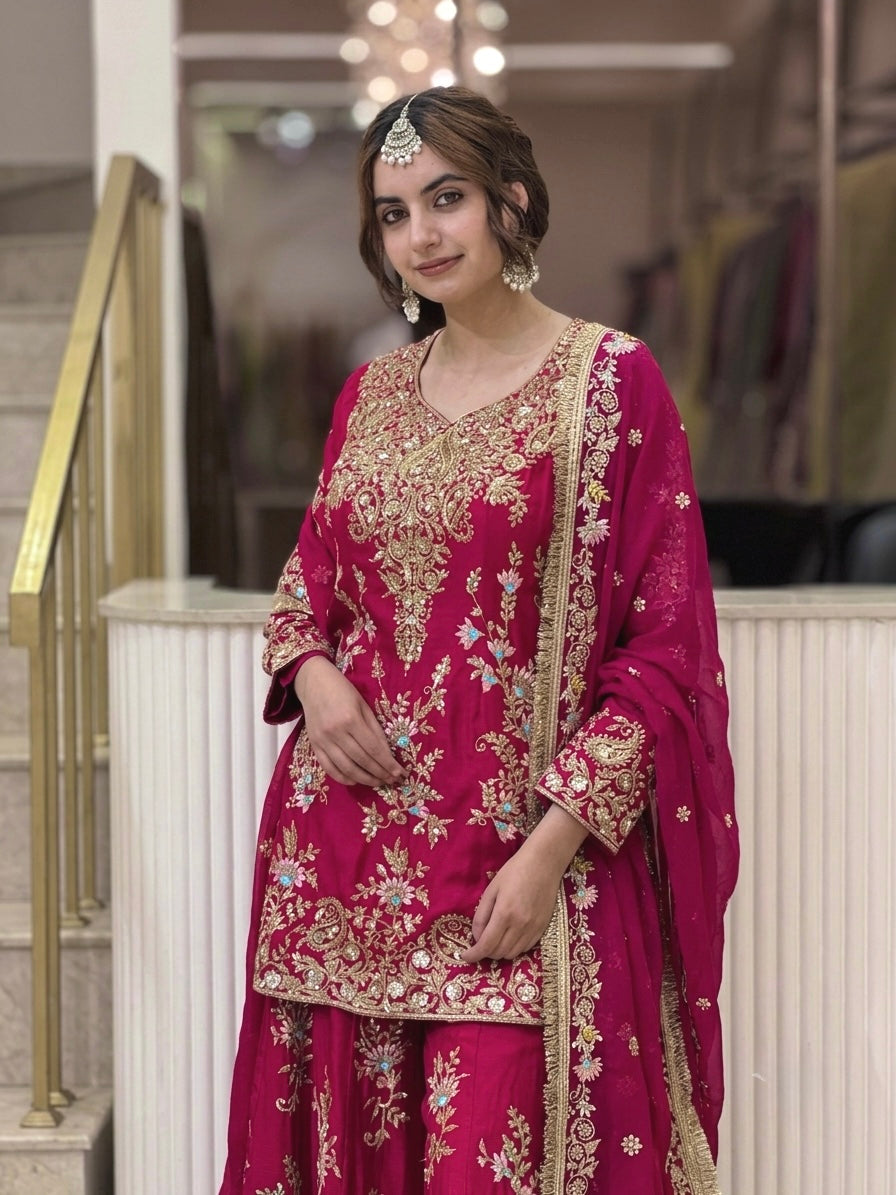 Rani Pink Georgette Heavy Work Kurta Palazzo Set
