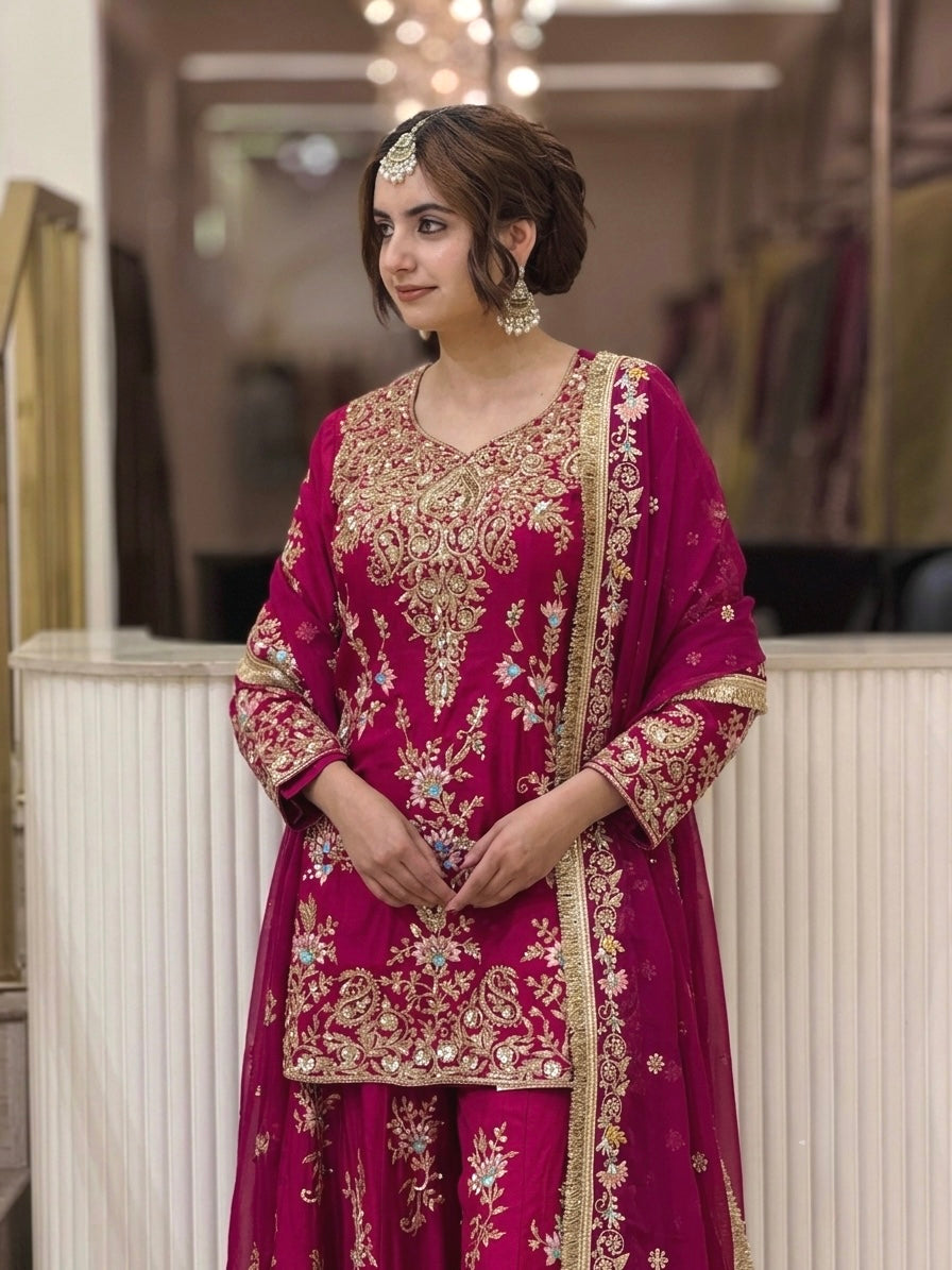 Rani Pink Georgette Heavy Work Kurta Palazzo Set, view 3