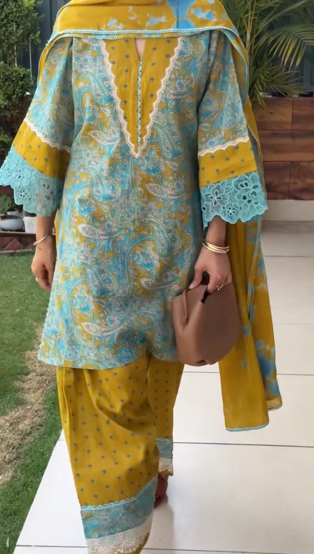 Aqua and Mustard Printed Cotton Farshi Set, view 3