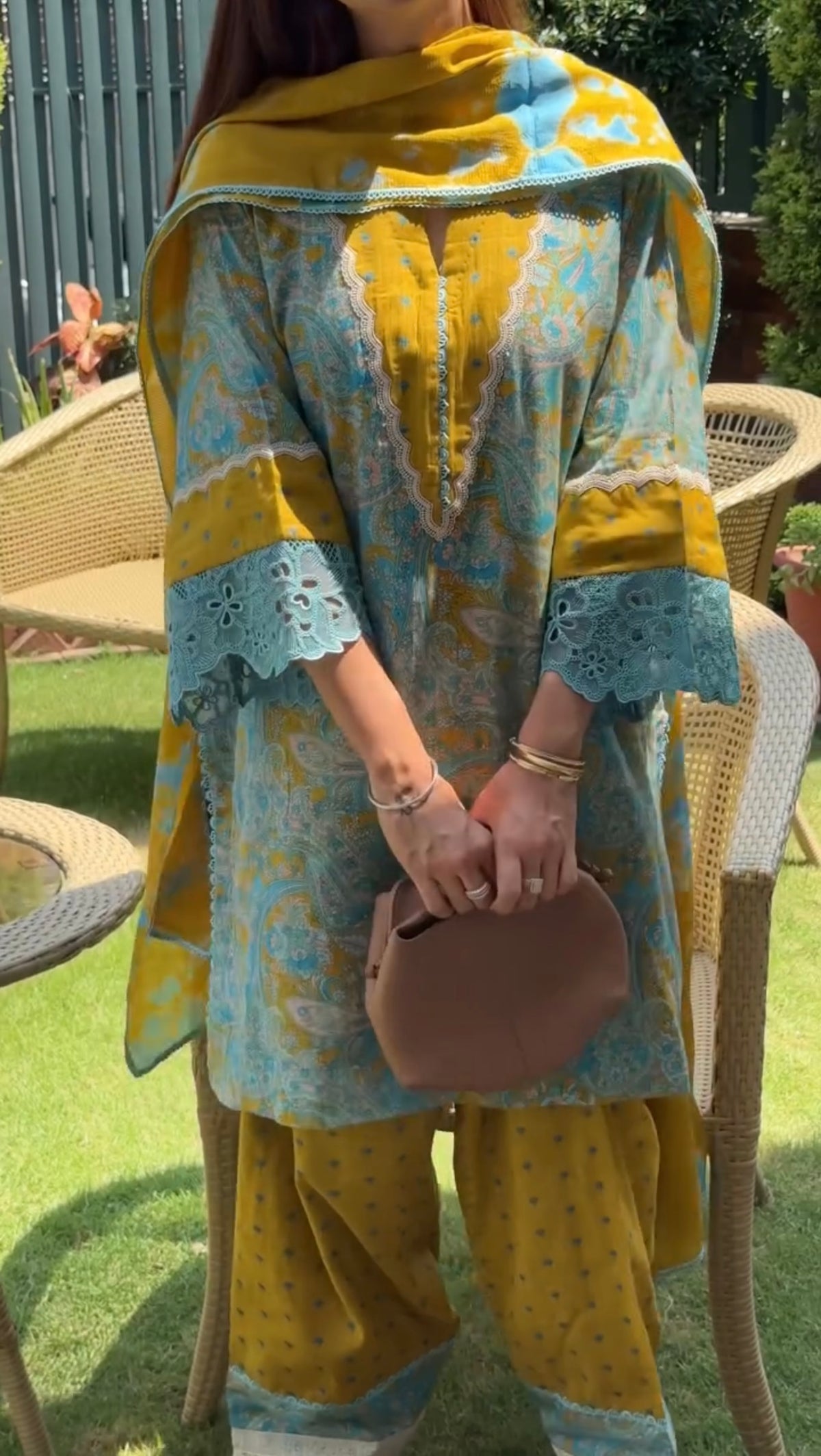 Aqua and Mustard Printed Cotton Farshi Set, view 4