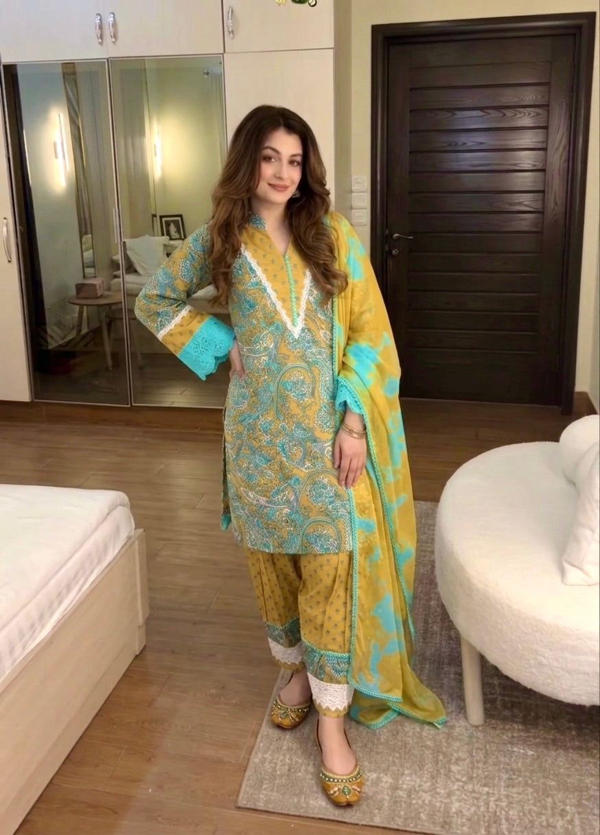 Aqua and Mustard Printed Cotton Farshi Set