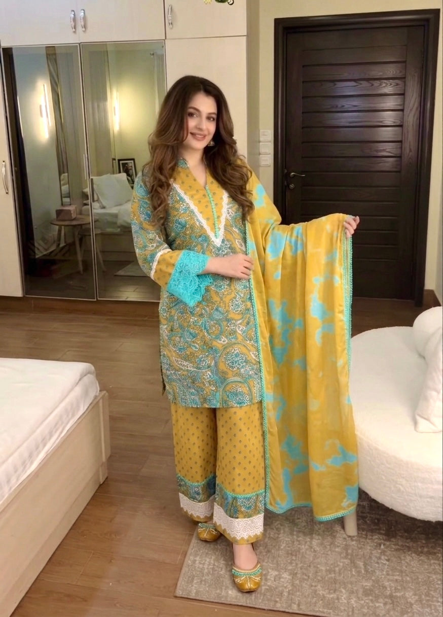 Aqua and Mustard Printed Cotton Farshi Set, view 2