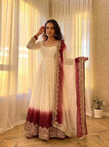 White and Maroon Georgette Anarkali Suit