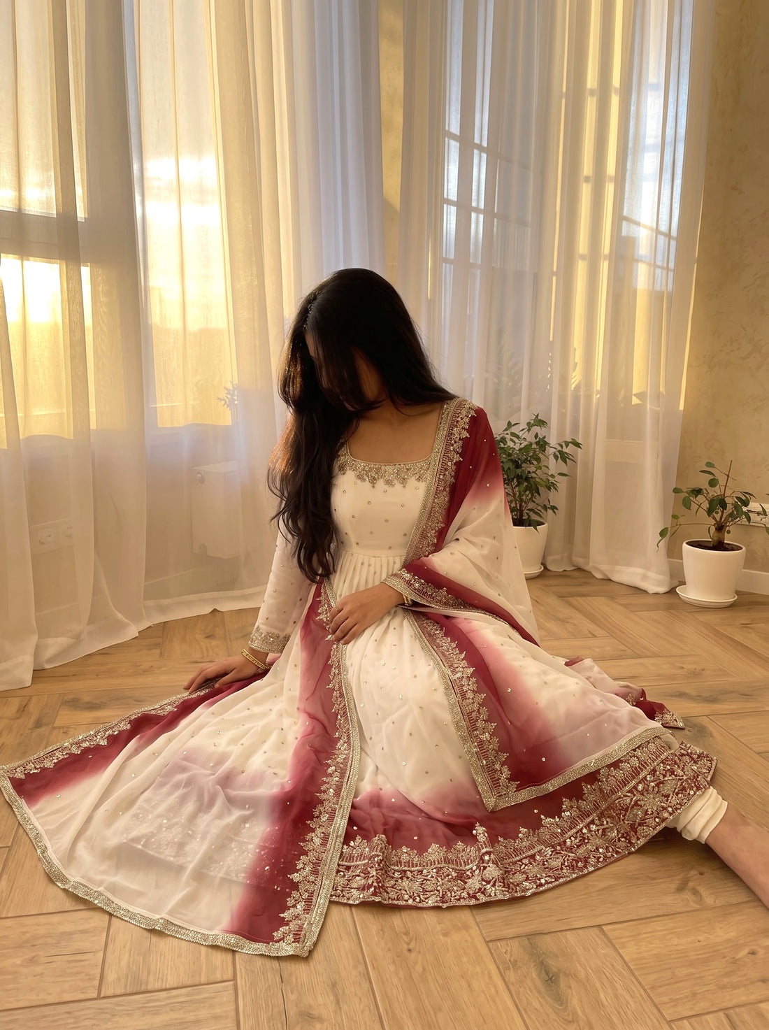 White and Maroon Georgette Anarkali Suit