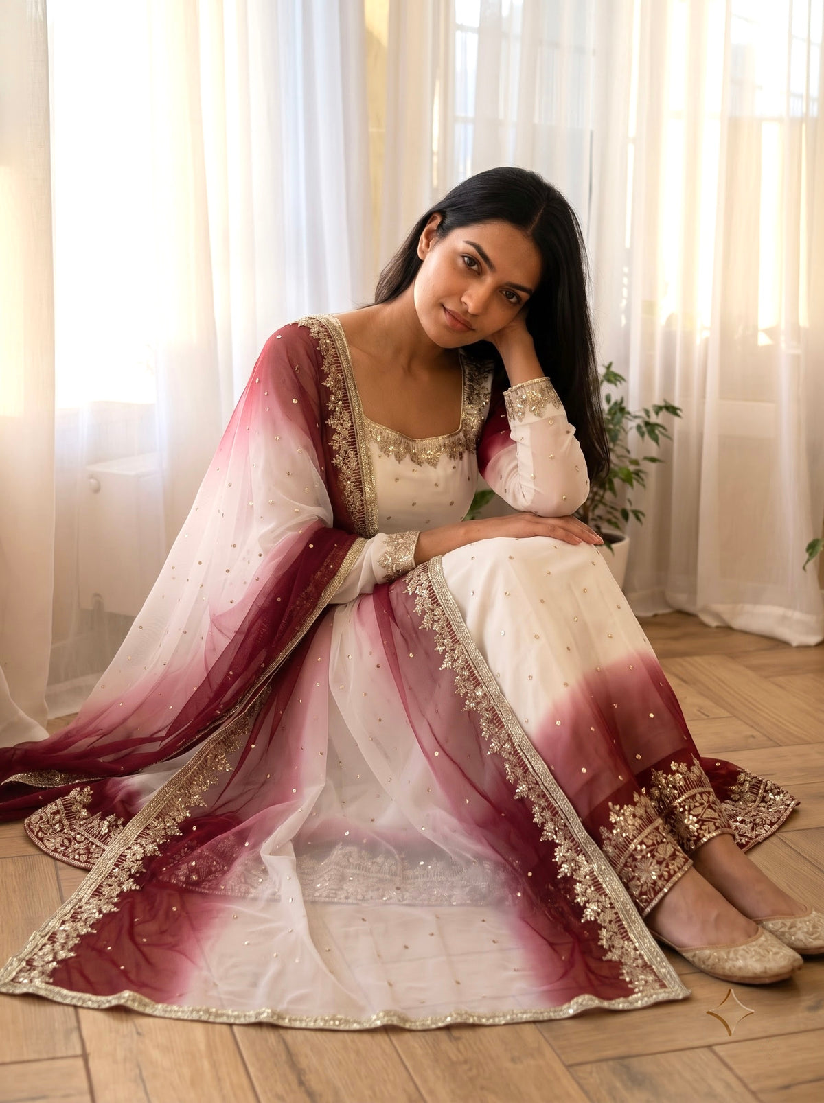White and Maroon Georgette Anarkali Suit, view 3