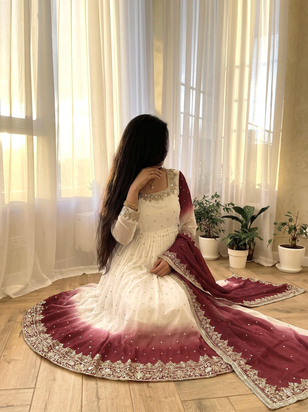 White and Maroon Georgette Anarkali Suit, view 4