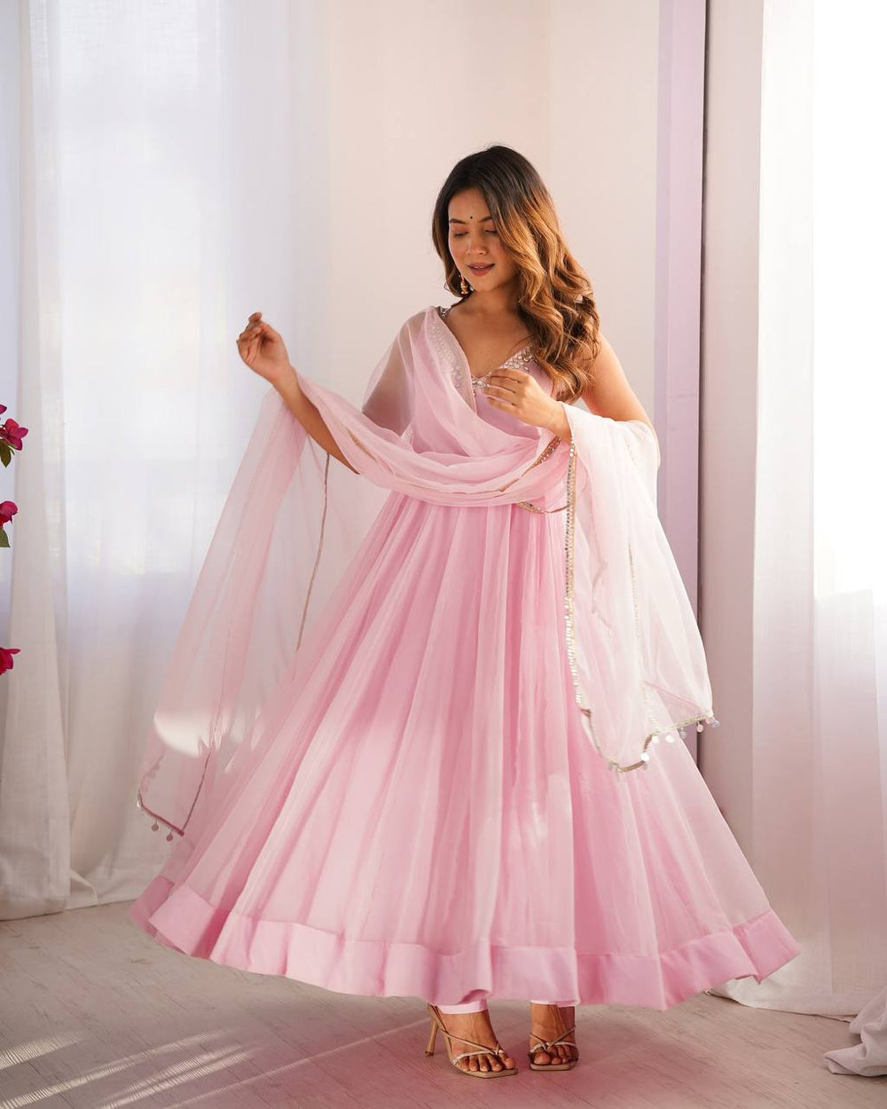 Blush Pink Embroidered Sequence Work  Designer Anarkali