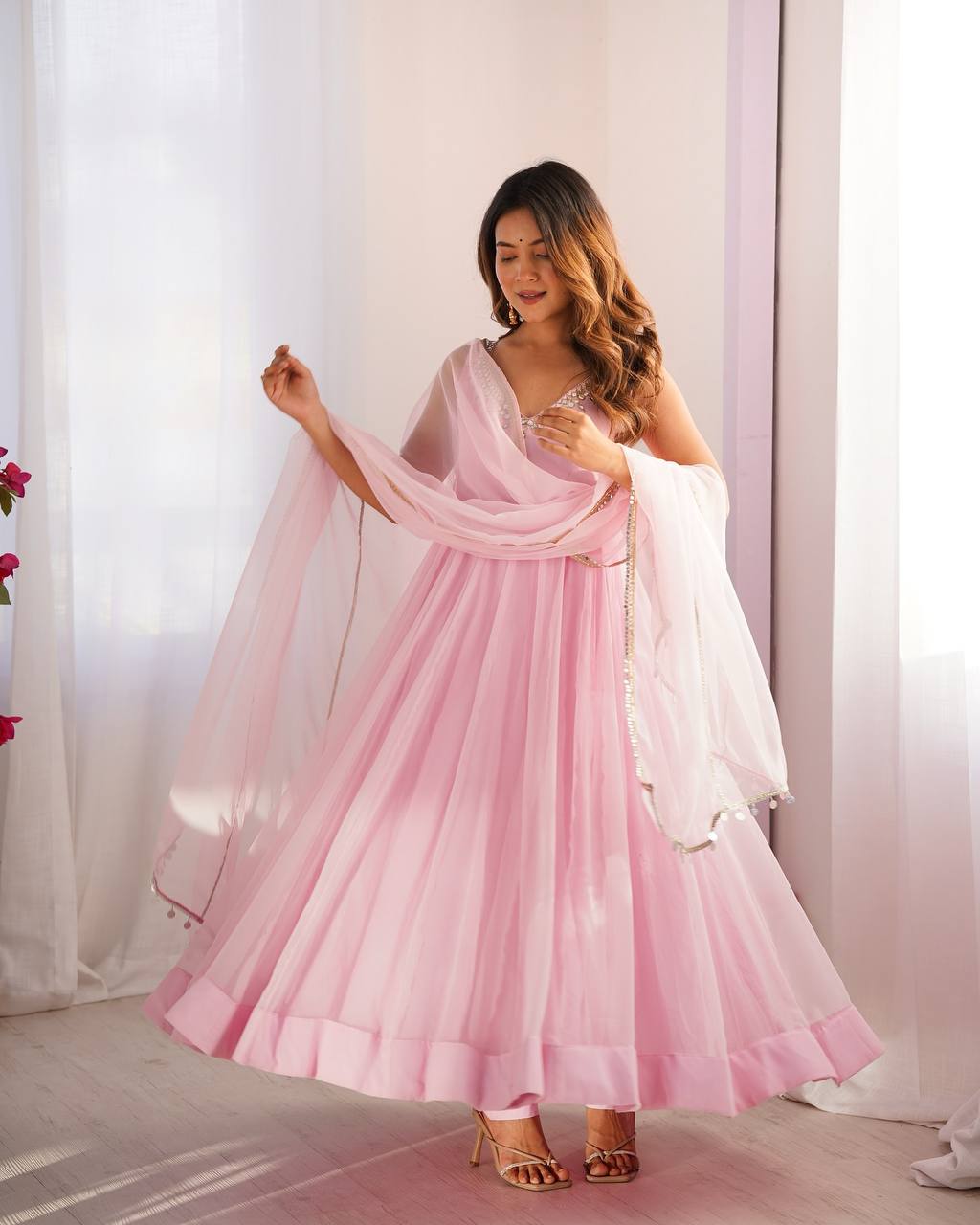 Blush Pink Embroidered Sequence Work  Designer Anarkali