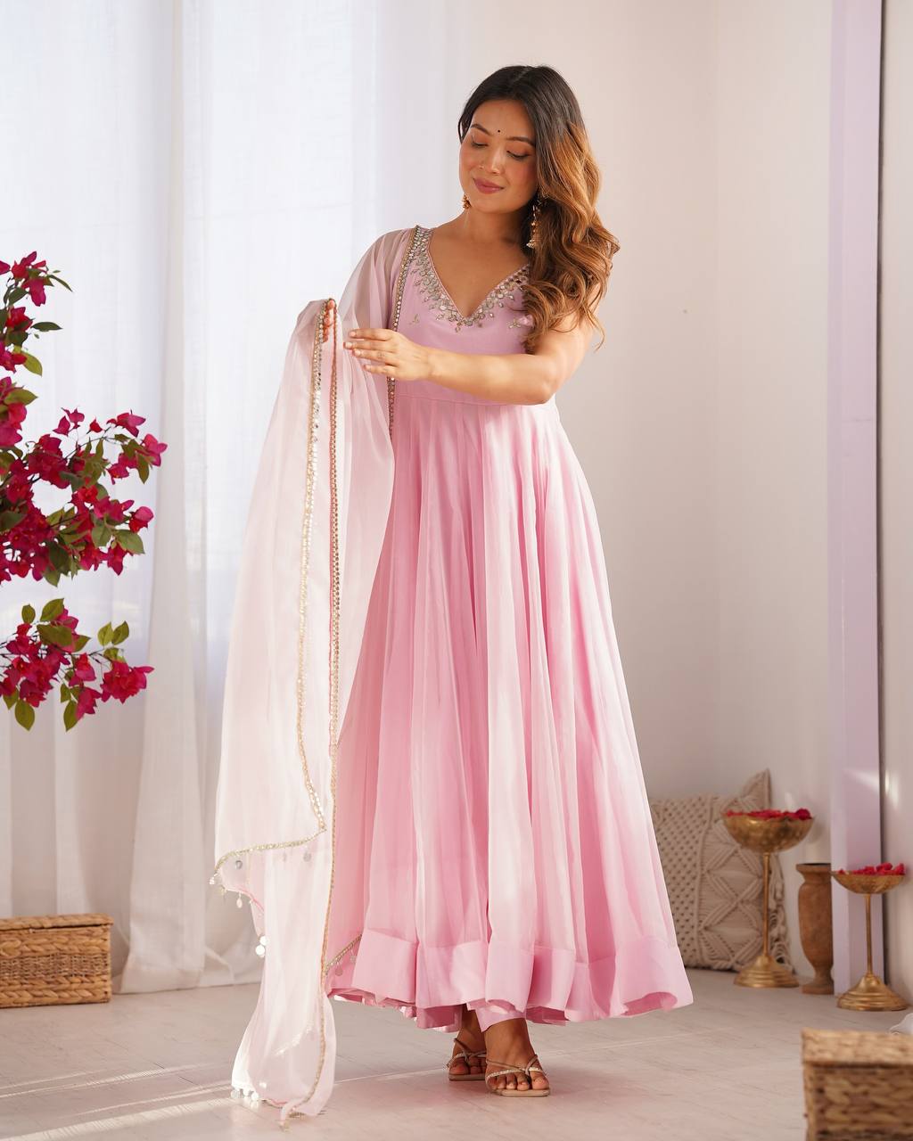 Blush Pink Embroidered Sequence Work  Designer Anarkali