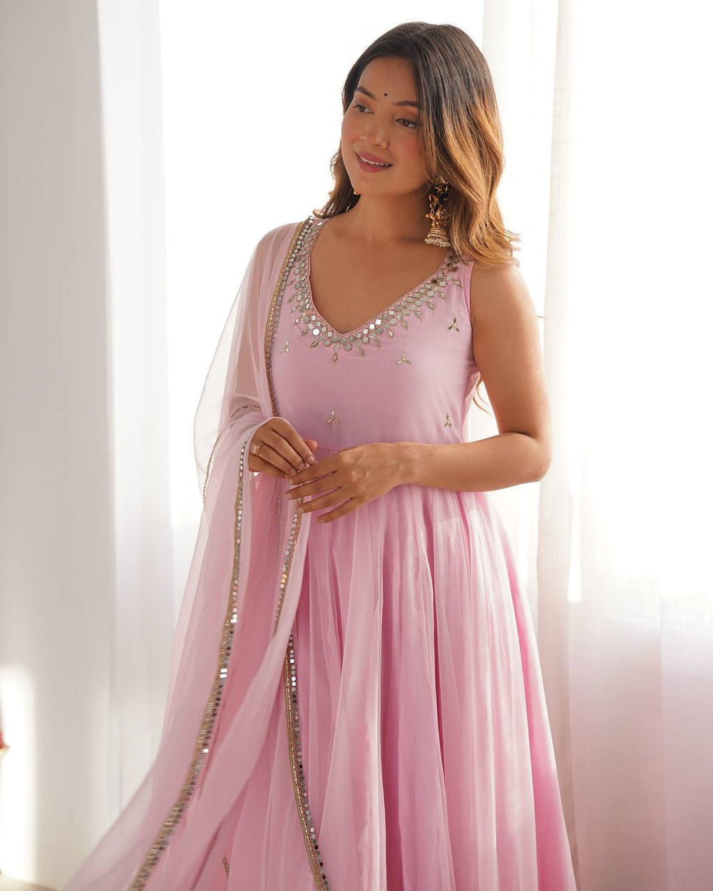 Blush Pink Embroidered Sequence Work  Designer Anarkali