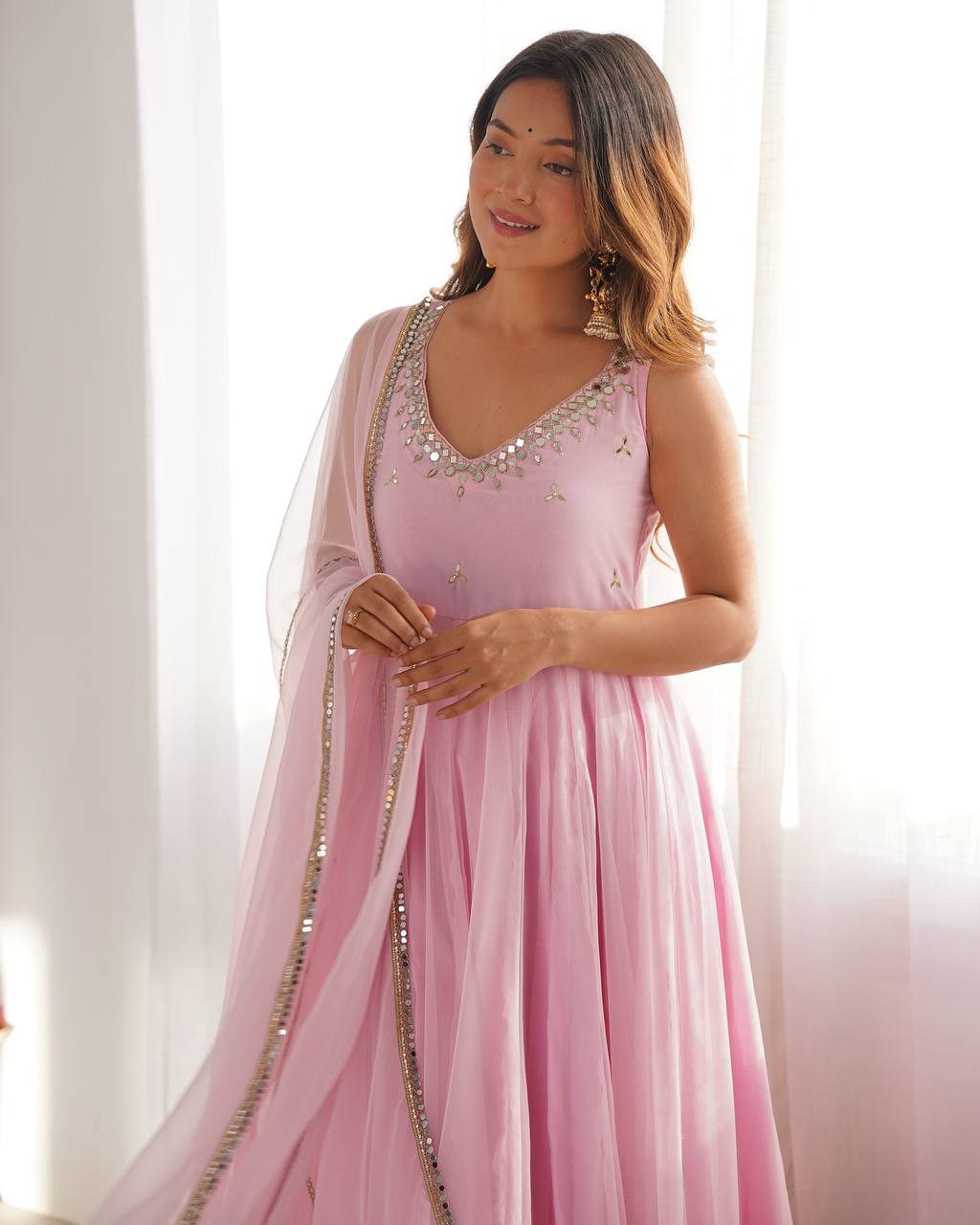 Blush Pink Embroidered Sequence Work  Designer Anarkali