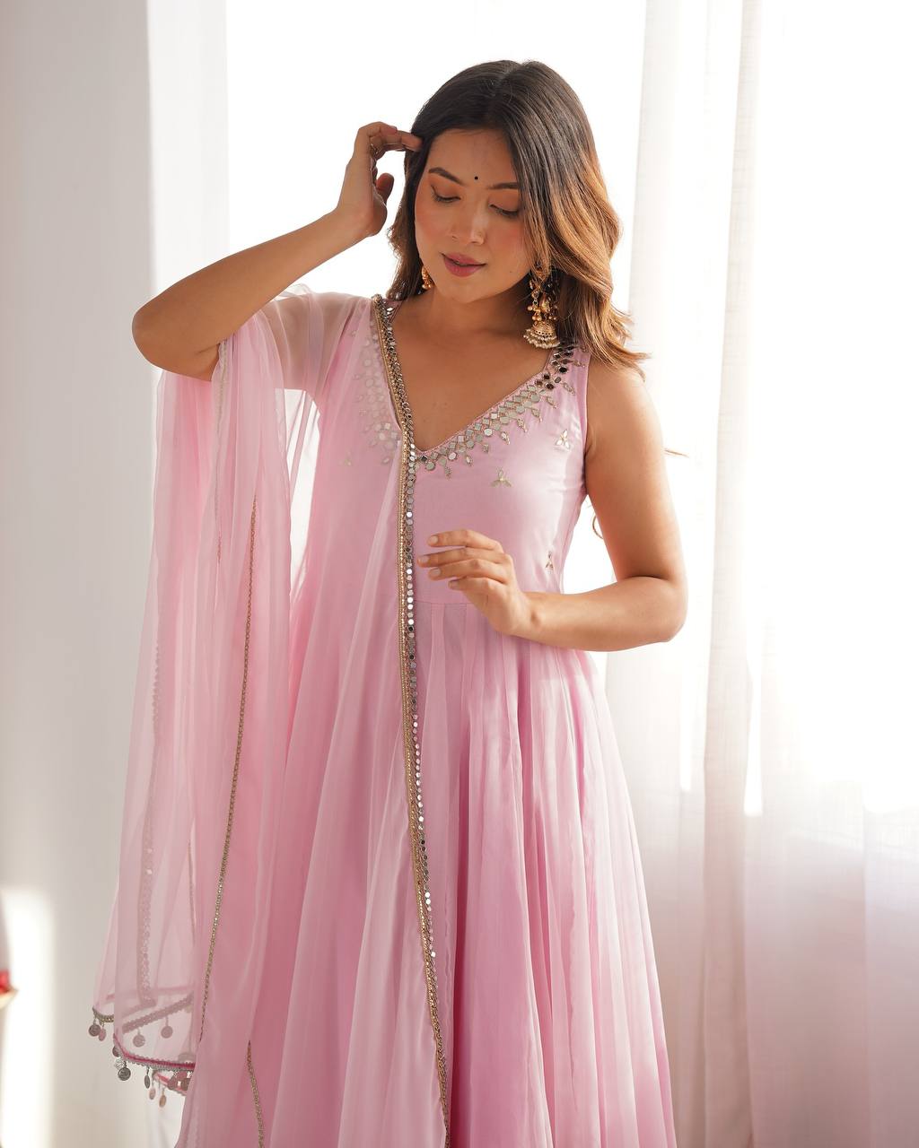 Blush Pink Embroidered Sequence Work  Designer Anarkali