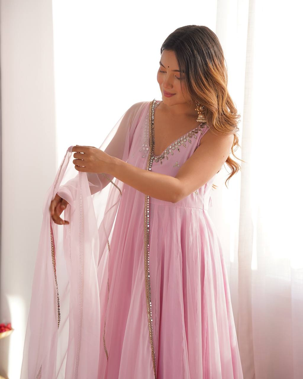 Blush Pink Embroidered Sequence Work  Designer Anarkali