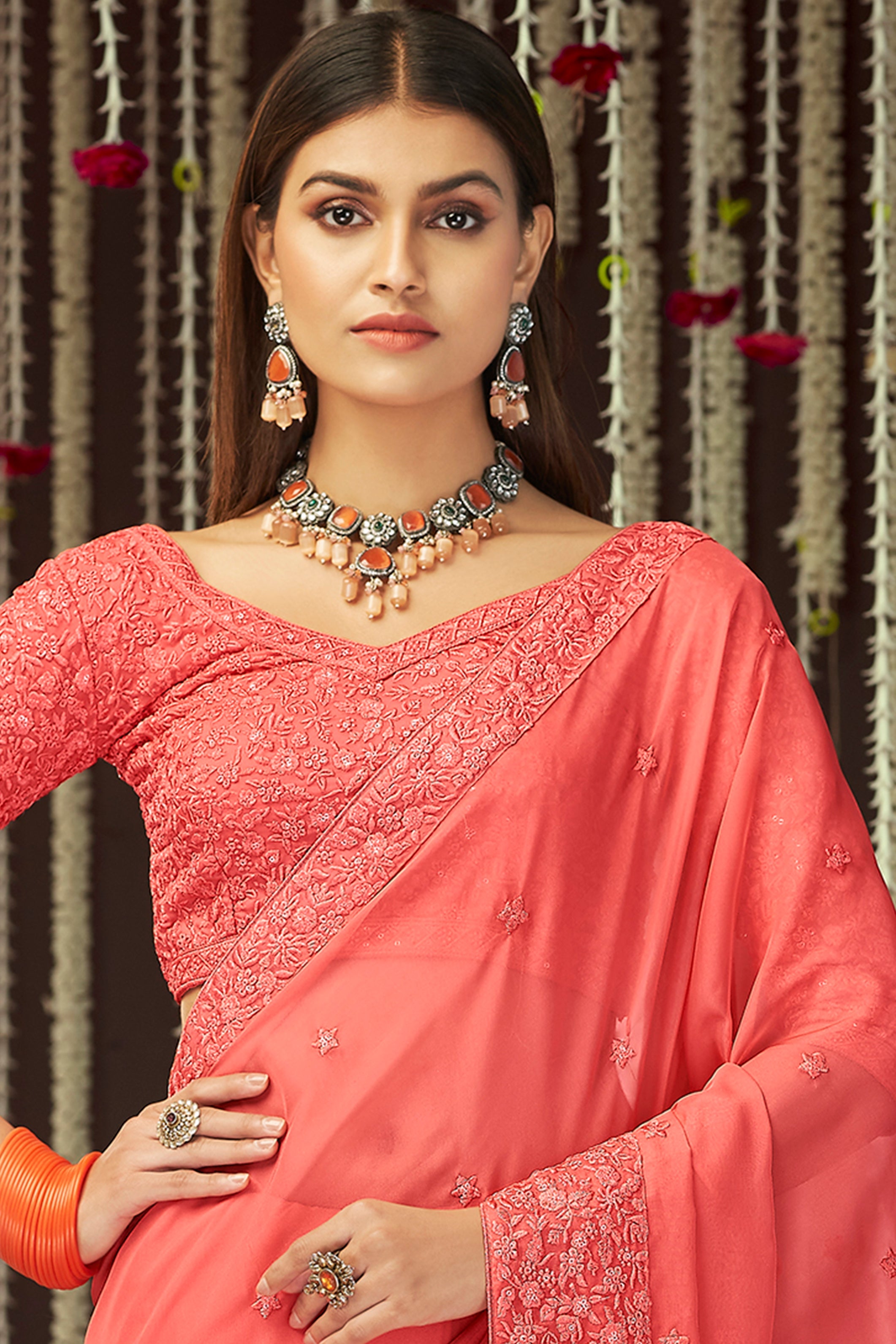 Pink Faux Georgette Saree