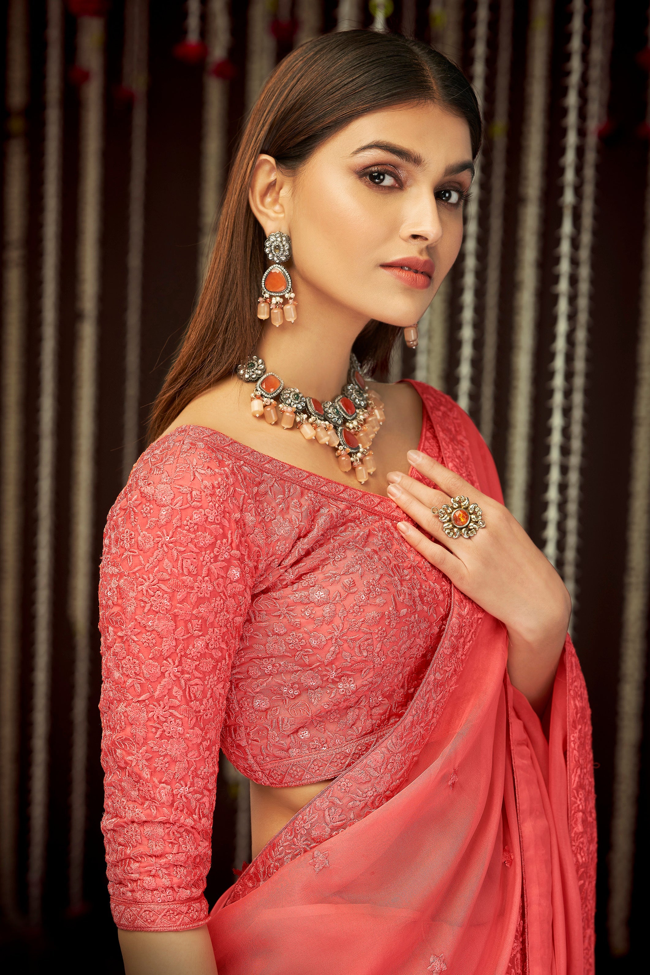Pink Faux Georgette Saree