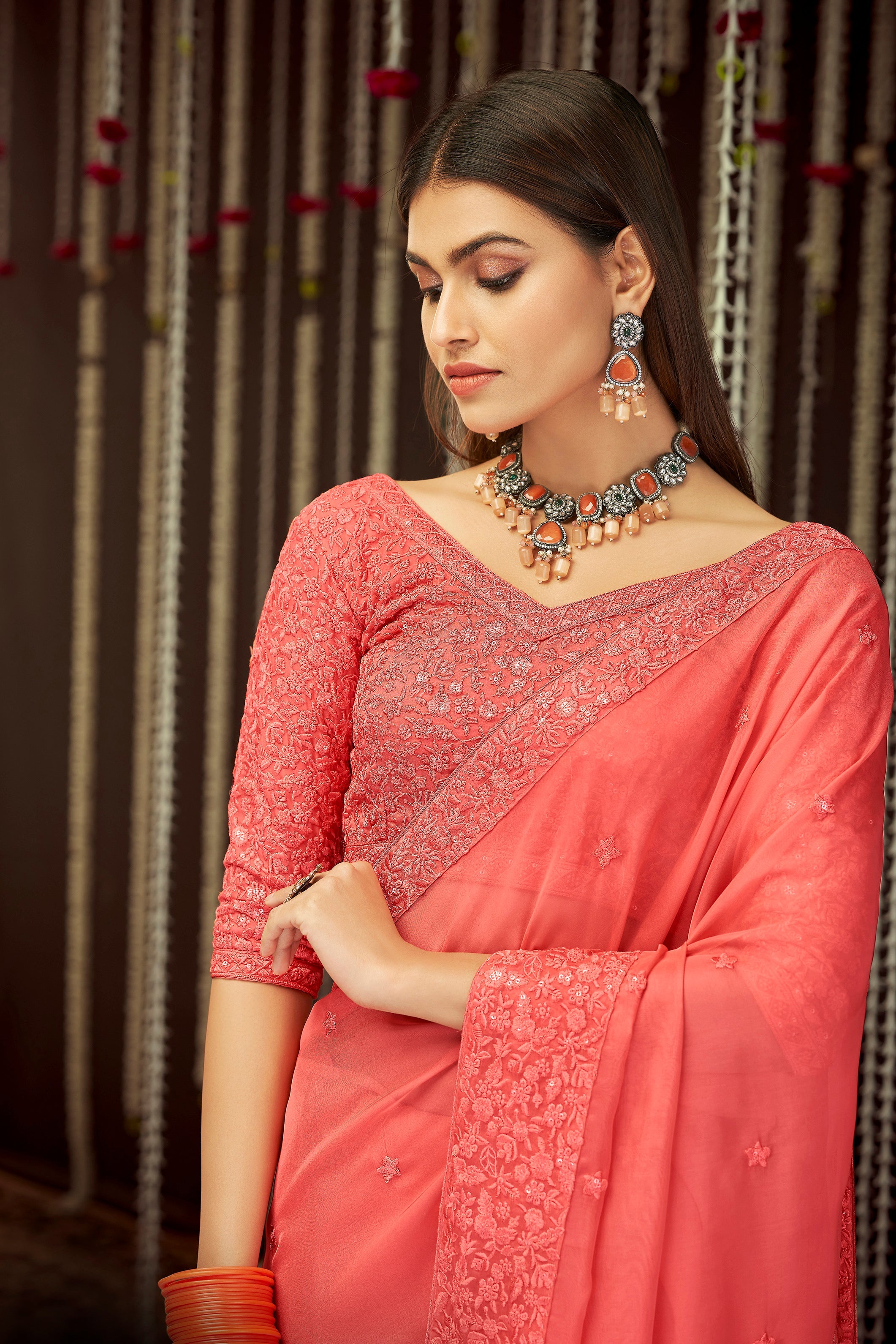 Pink Faux Georgette Saree
