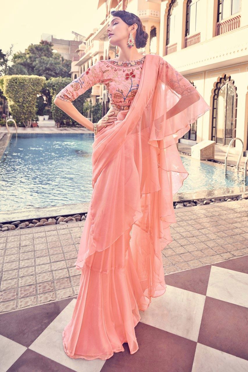 Peach Pink Fendy Organza Saree
