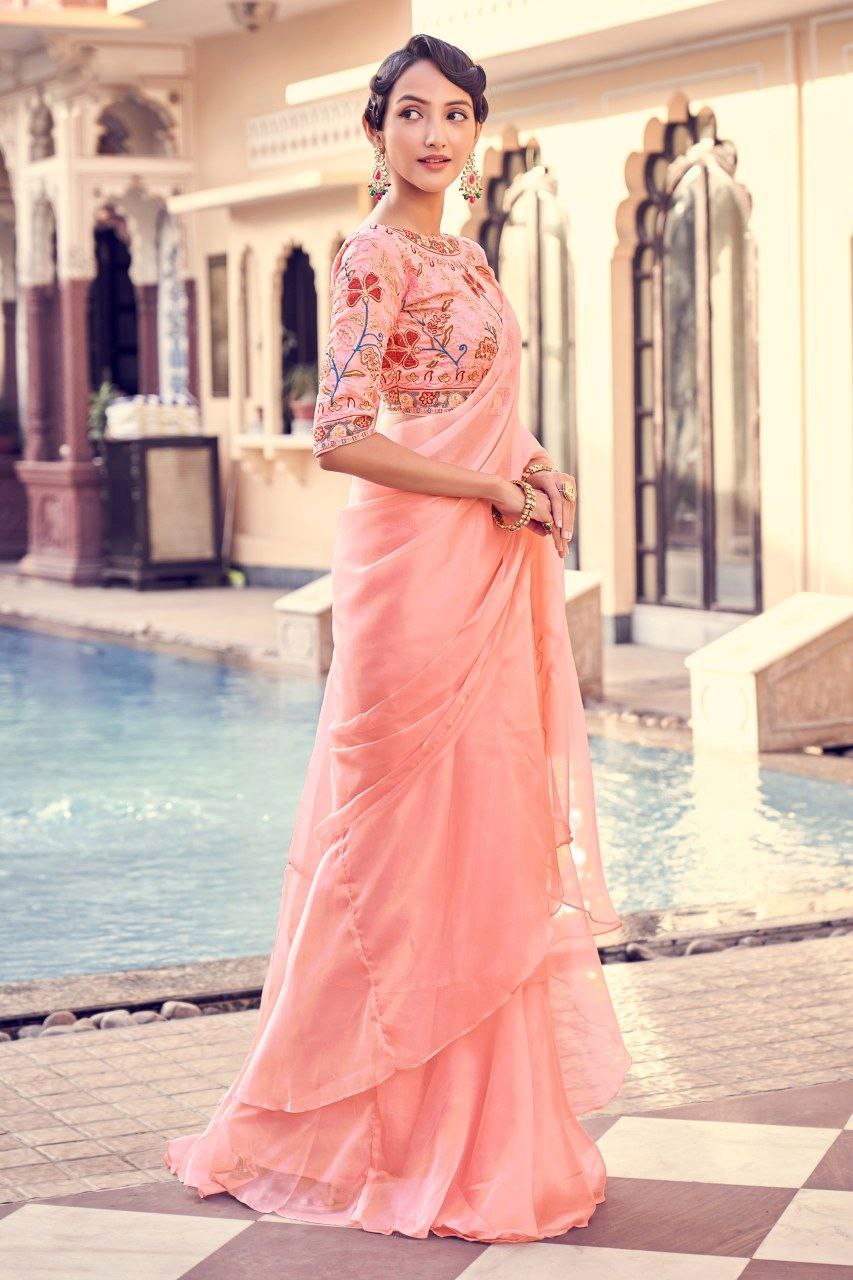 Peach Pink Fendy Organza Saree