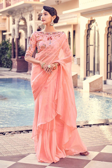 Peach Pink Fendy Organza Saree