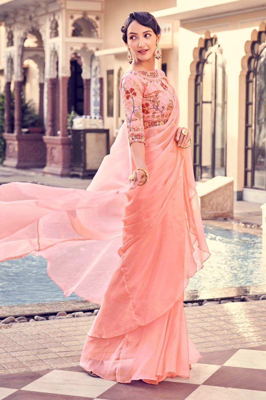 Peach Pink Fendy Organza Saree