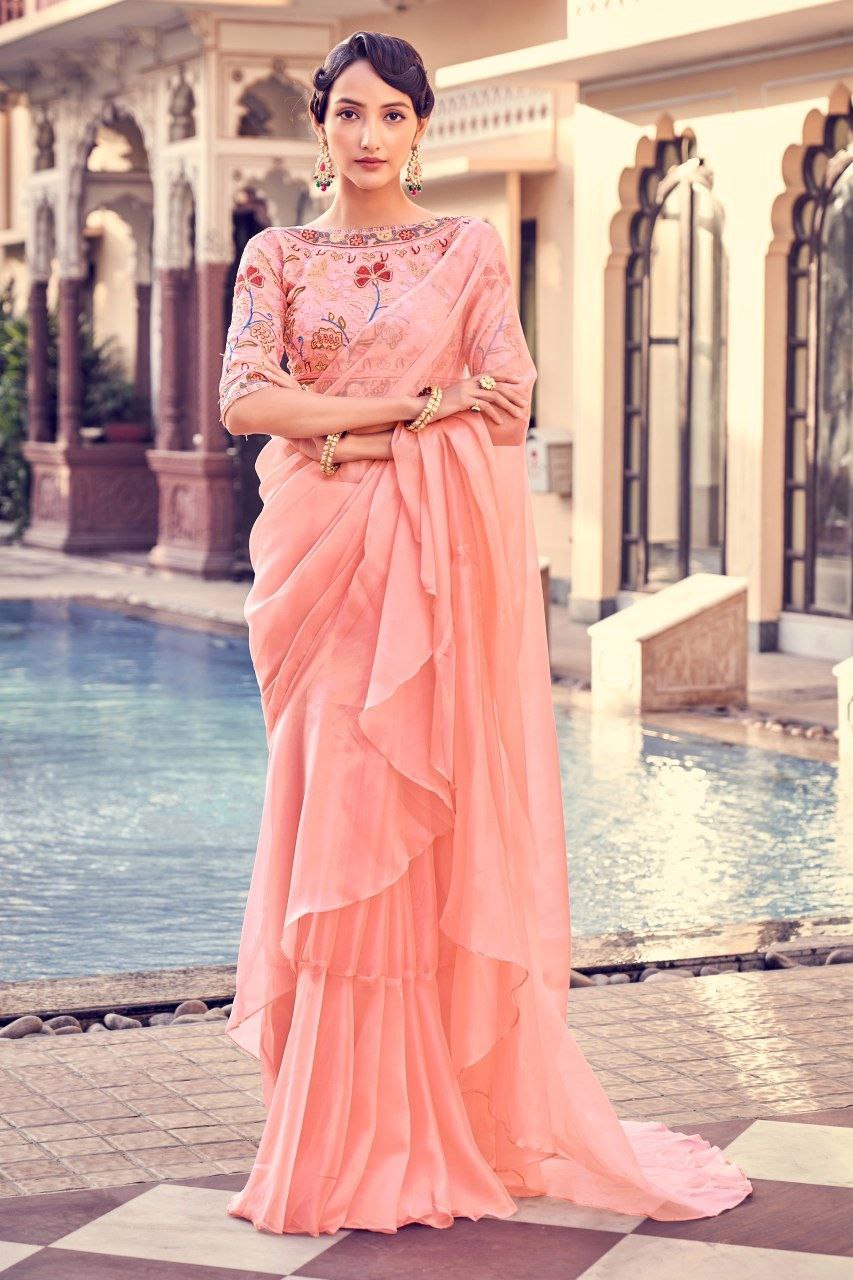 Peach Pink Fendy Organza Saree