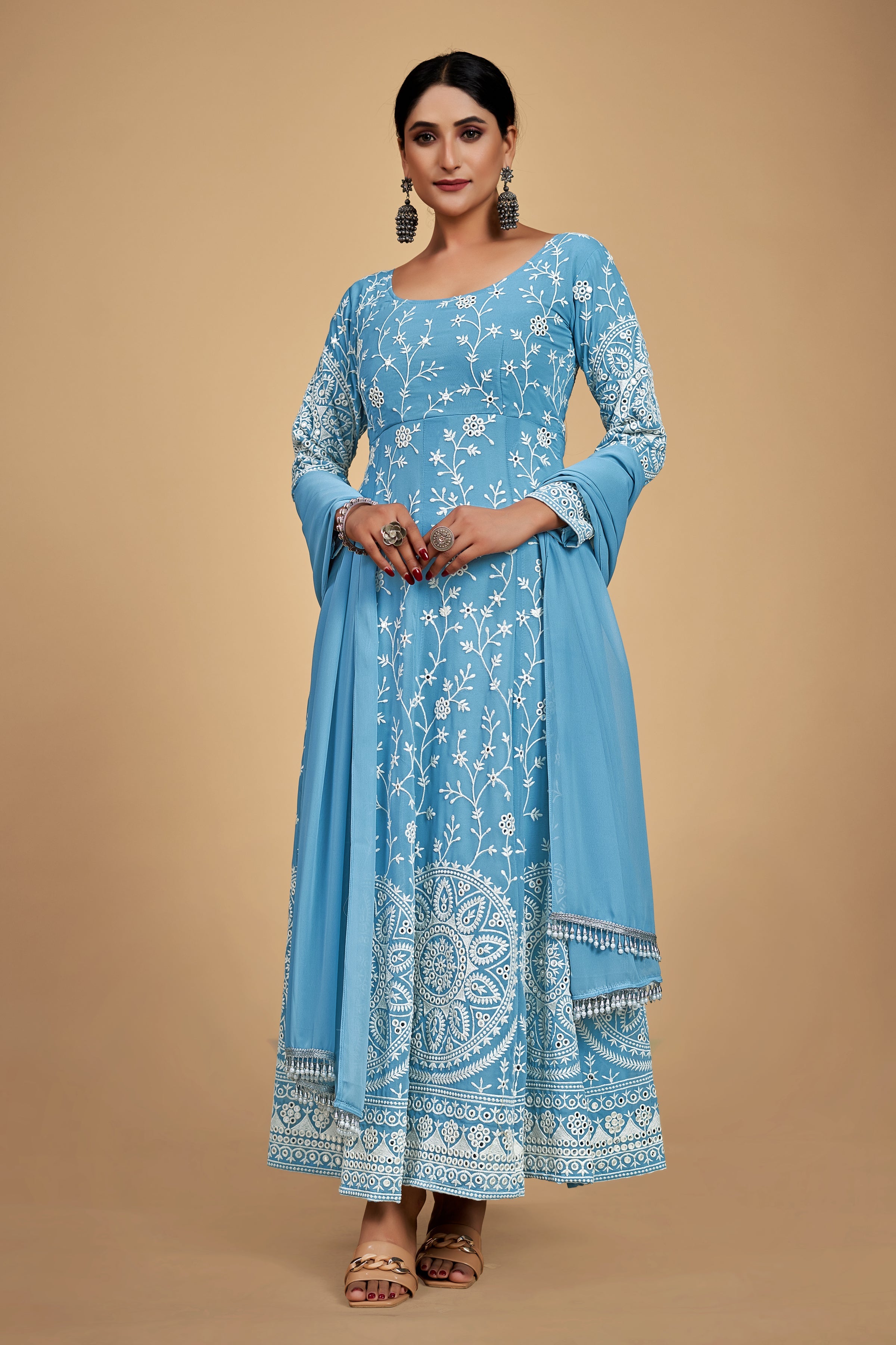 Sky Blue Georgette Dori & Sequins Embroidered Gown Set
