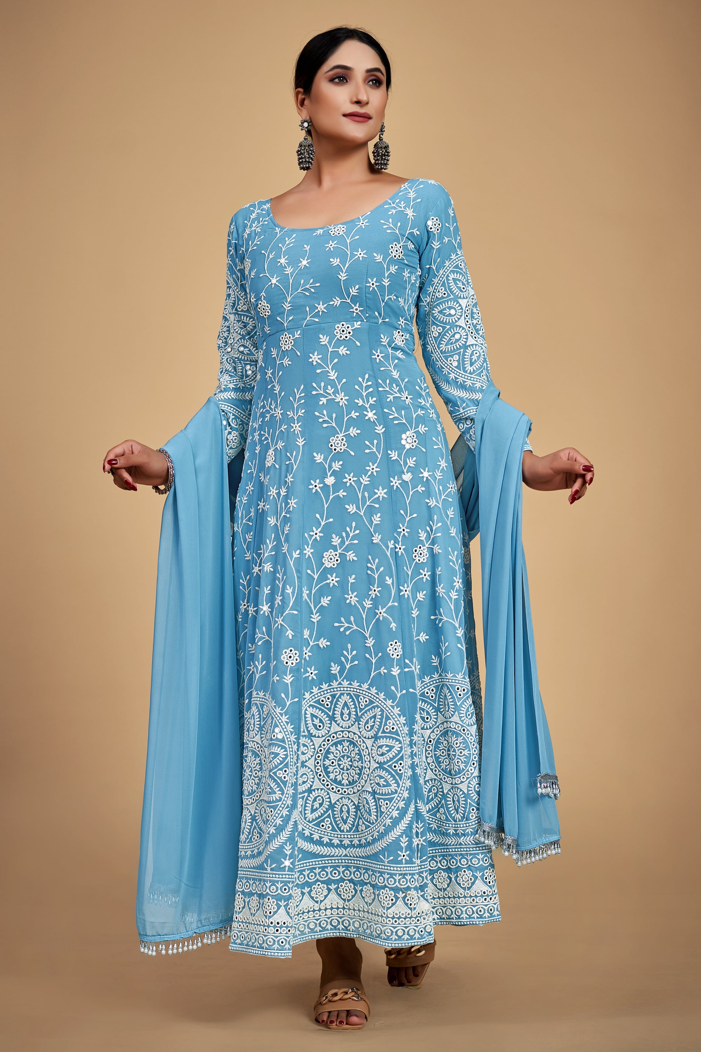 Sky Blue Georgette Dori & Sequins Embroidered Gown Set