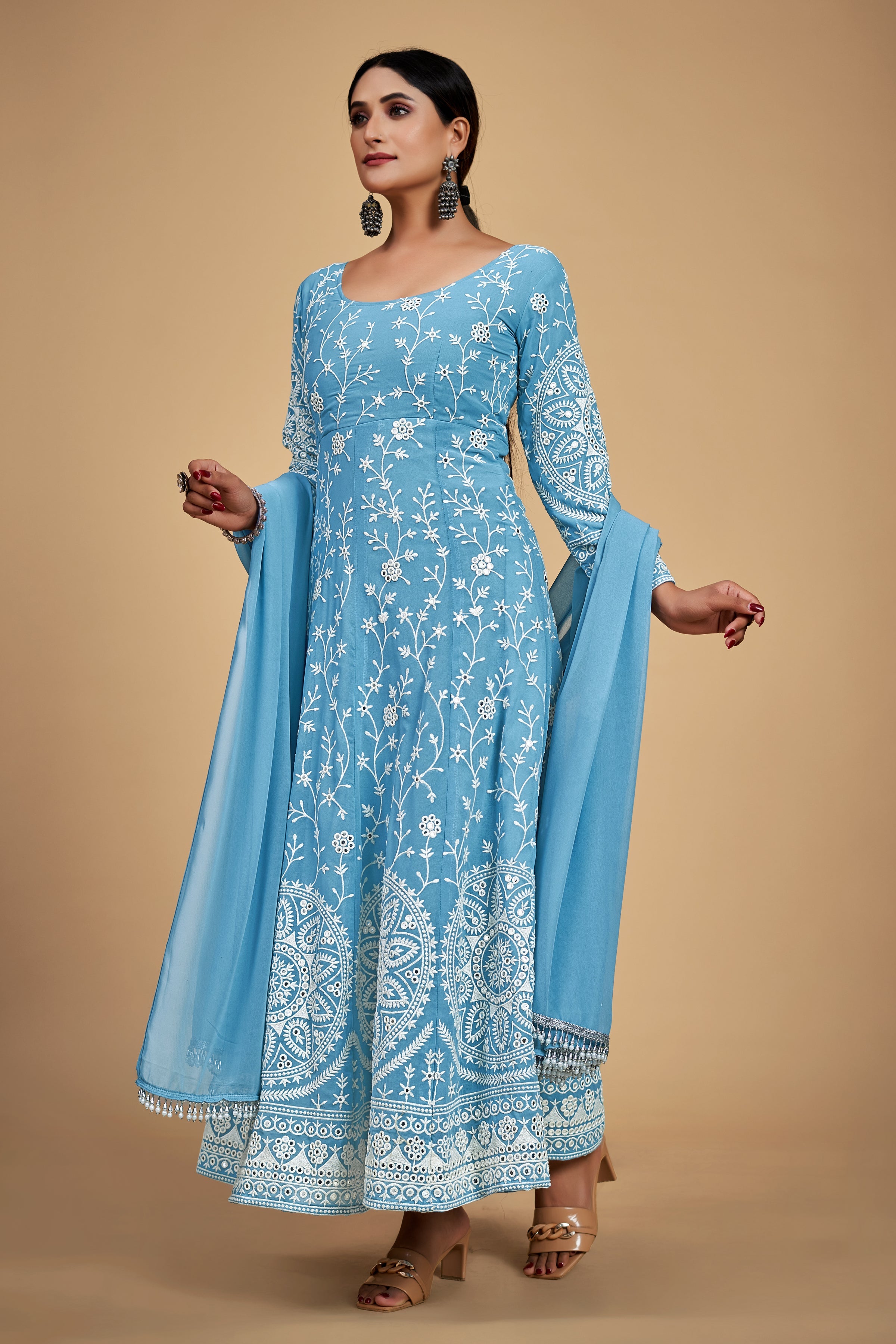 Sky Blue Georgette Dori & Sequins Embroidered Gown Set