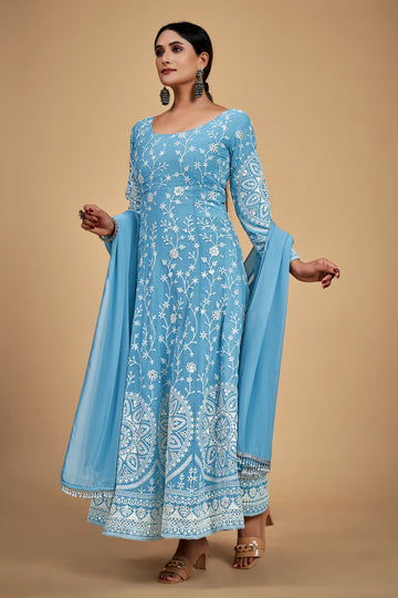 Sky Blue Georgette Dori & Sequins Embroidered Gown Set
