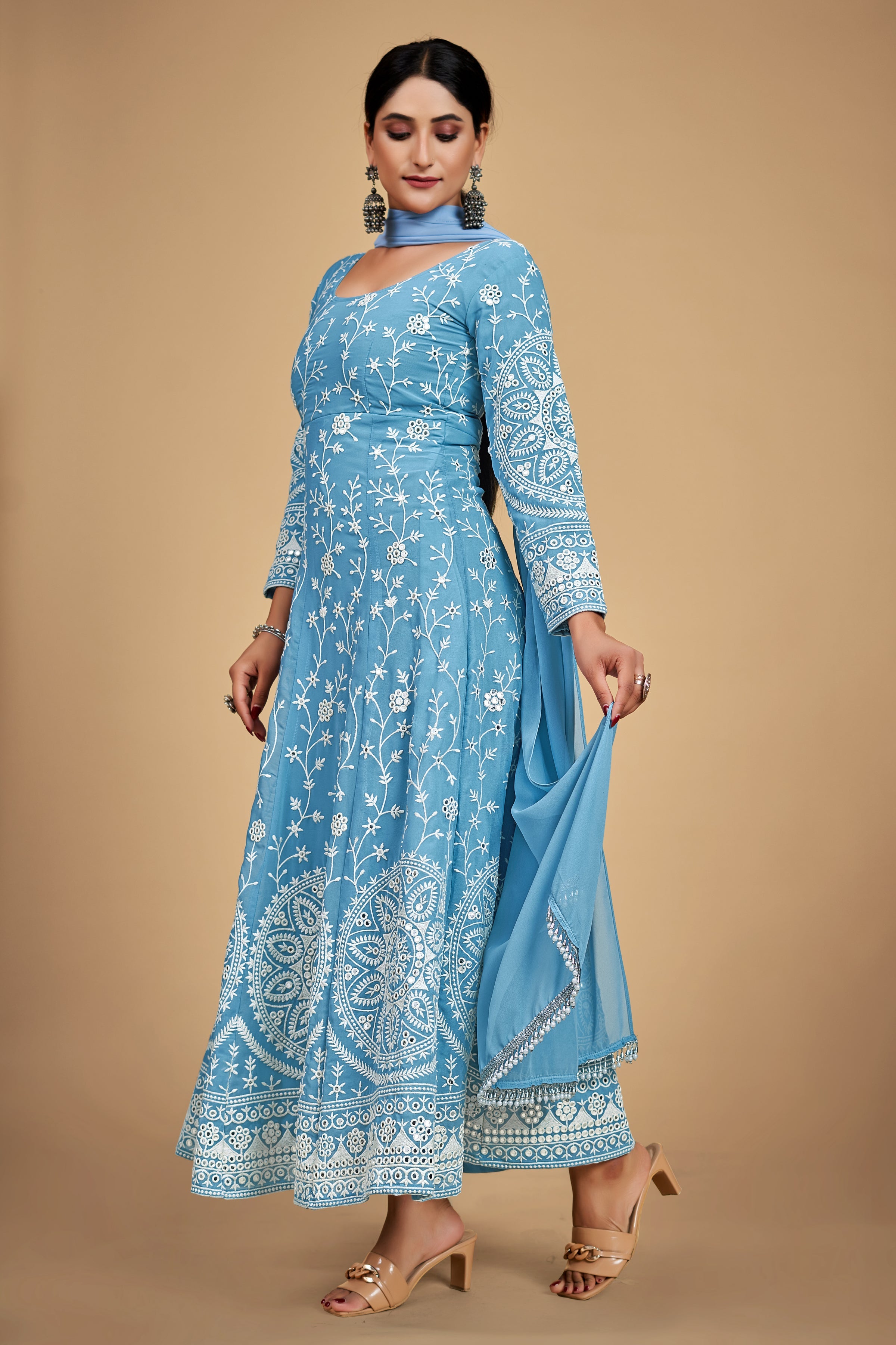 Sky Blue Georgette Dori & Sequins Embroidered Gown Set