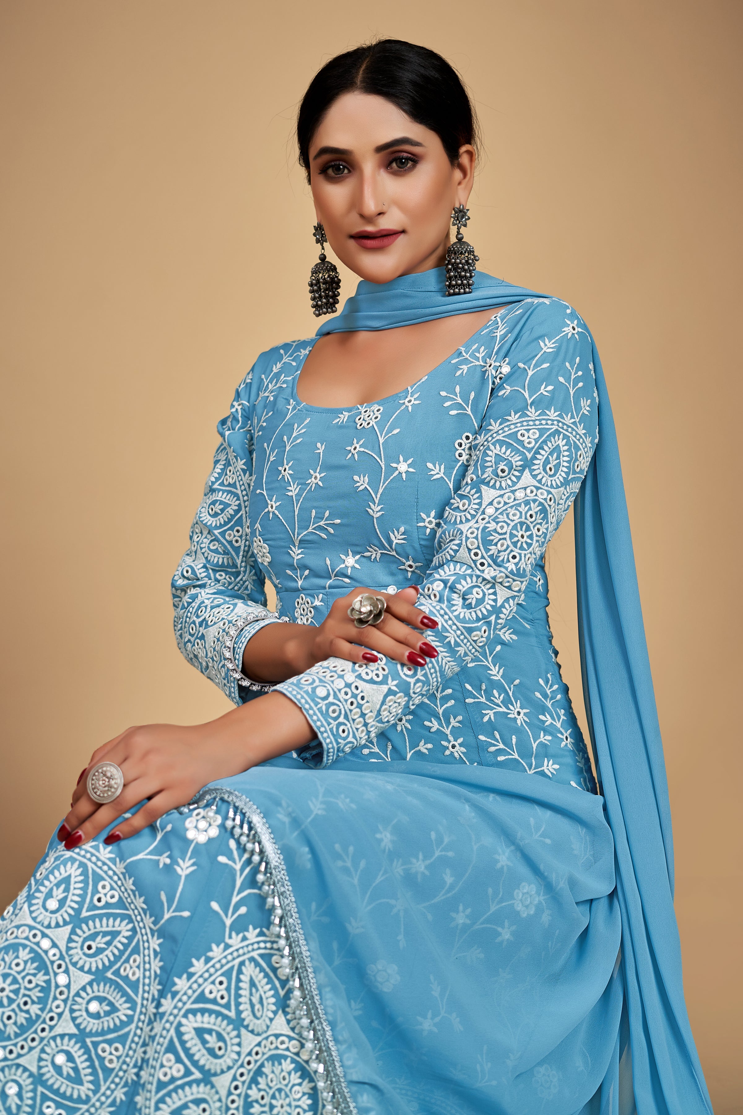 Sky Blue Georgette Dori & Sequins Embroidered Gown Set