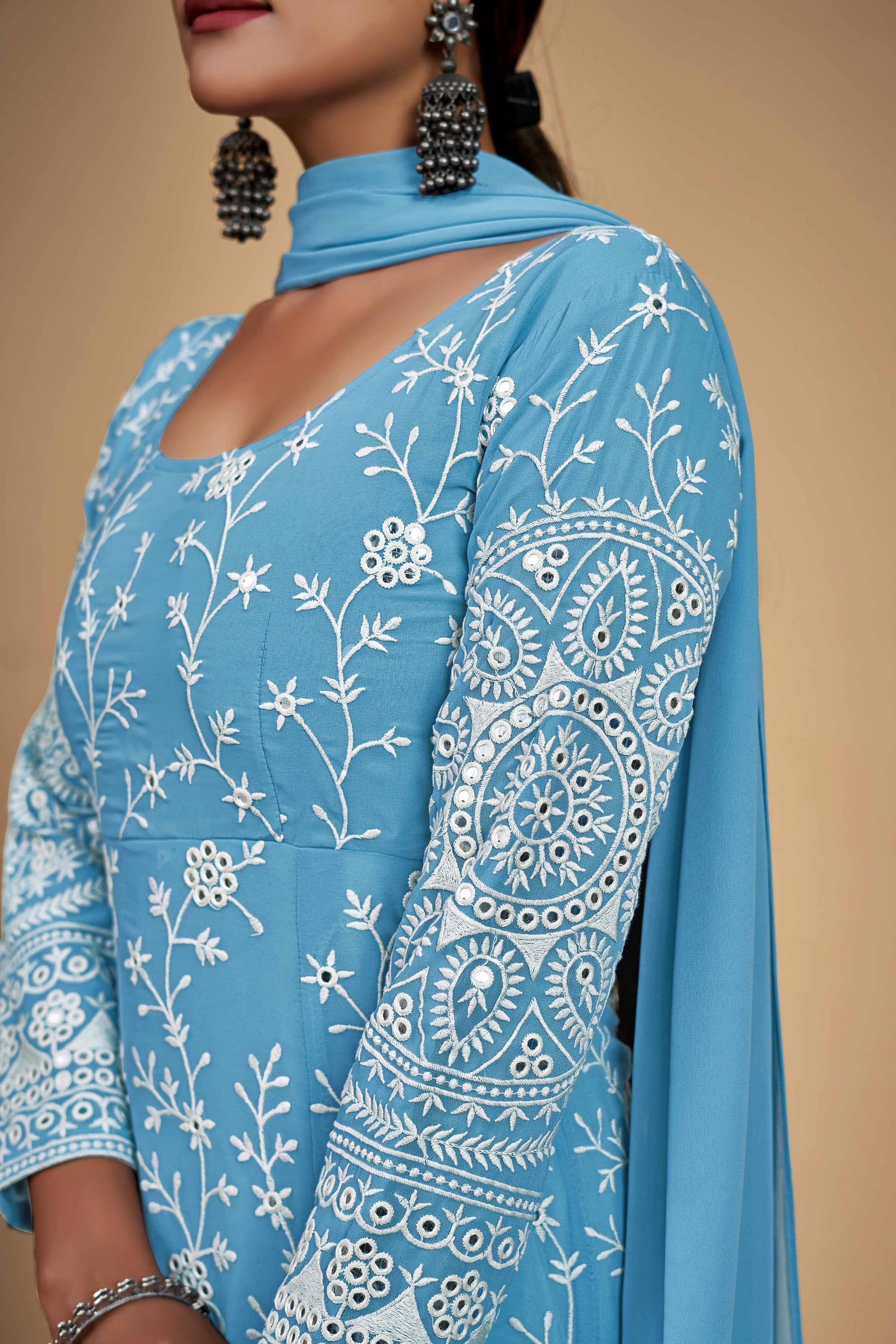 Sky Blue Georgette Dori & Sequins Embroidered Gown Set