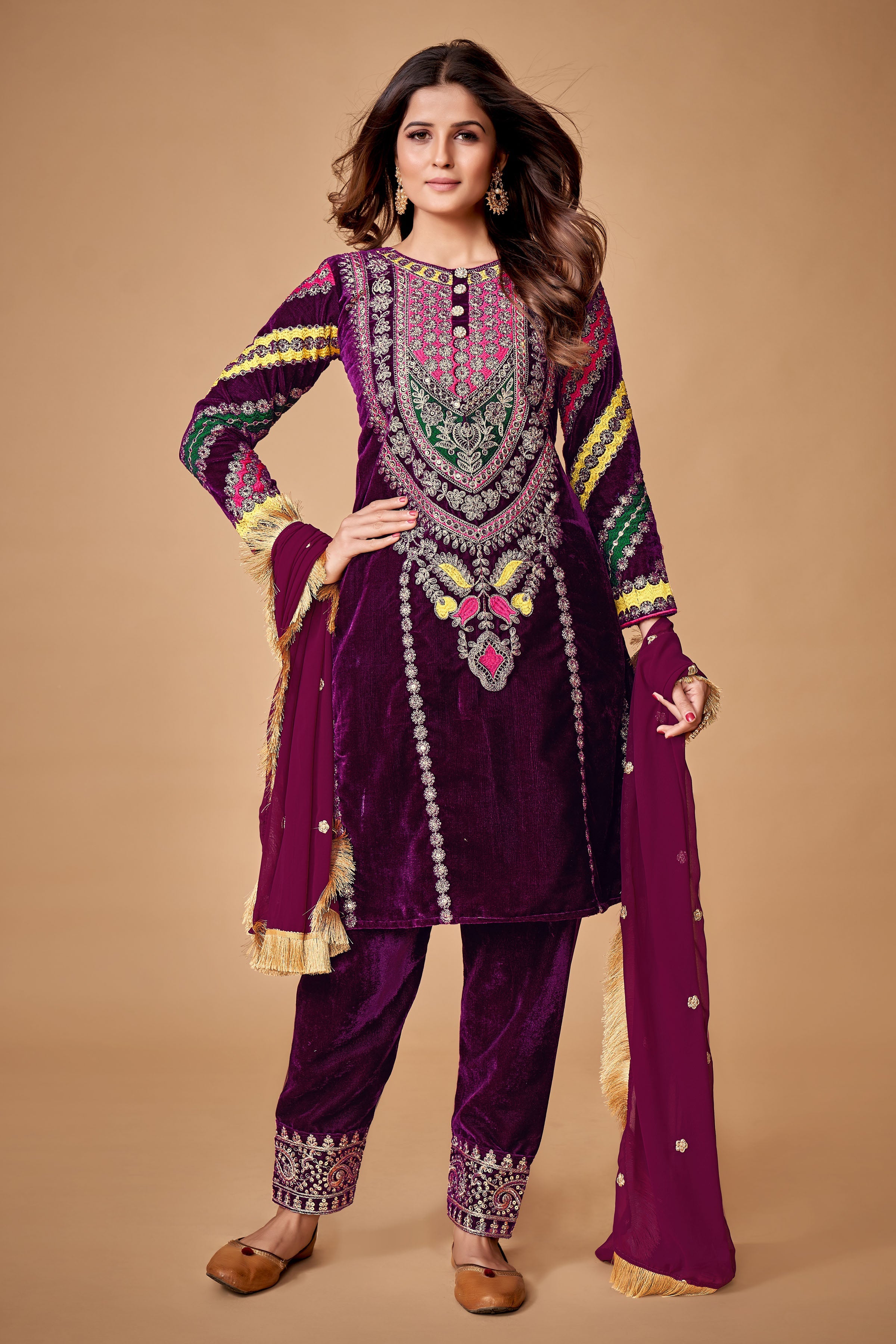 Purple Velvet Zari Embroidered Straight Kurta Set With Straight Bottom