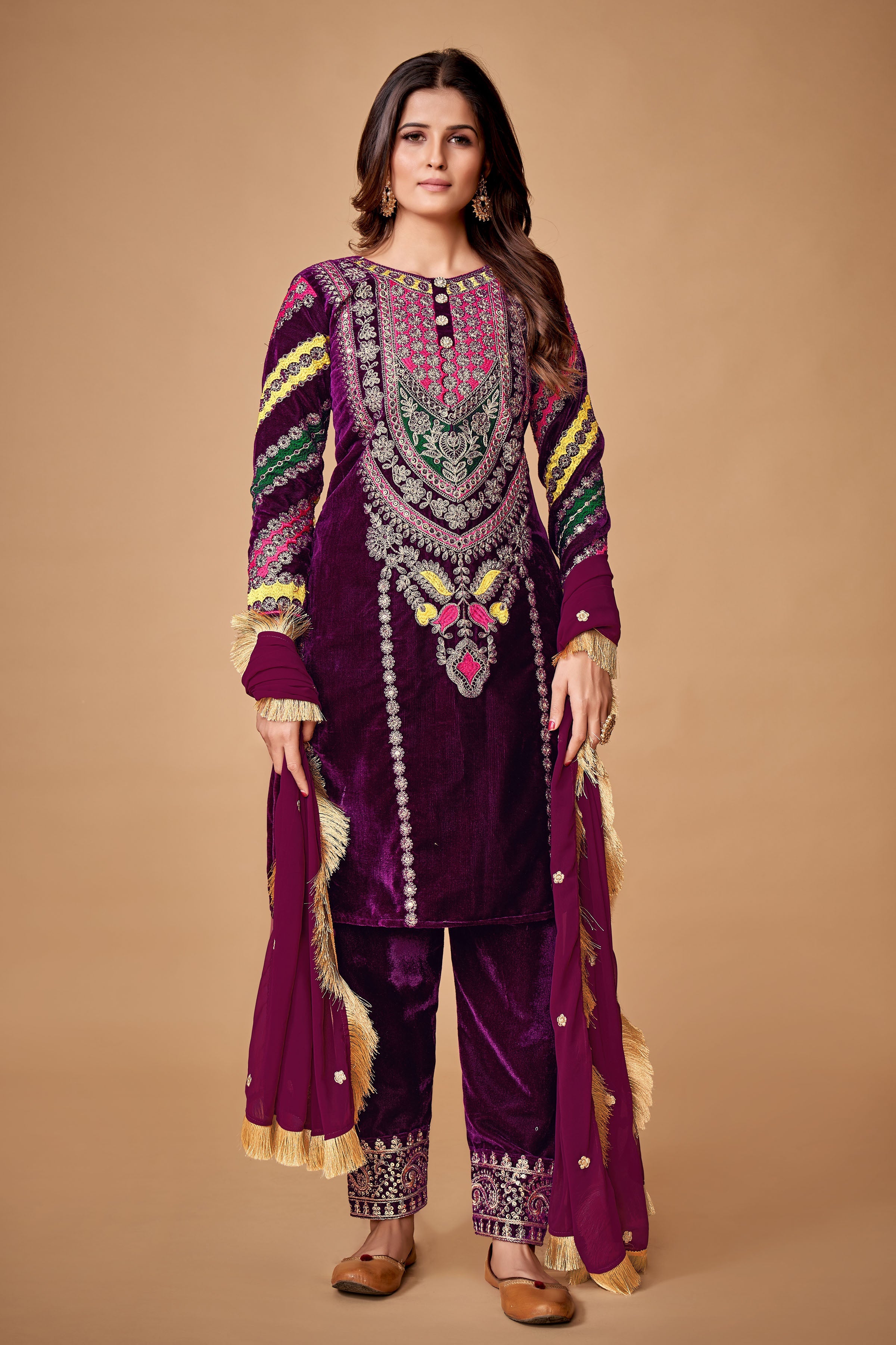 Purple Velvet Zari Embroidered Straight Kurta Set With Straight Bottom