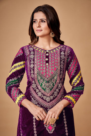 Purple Velvet Zari Embroidered Straight Kurta Set With Straight Bottom