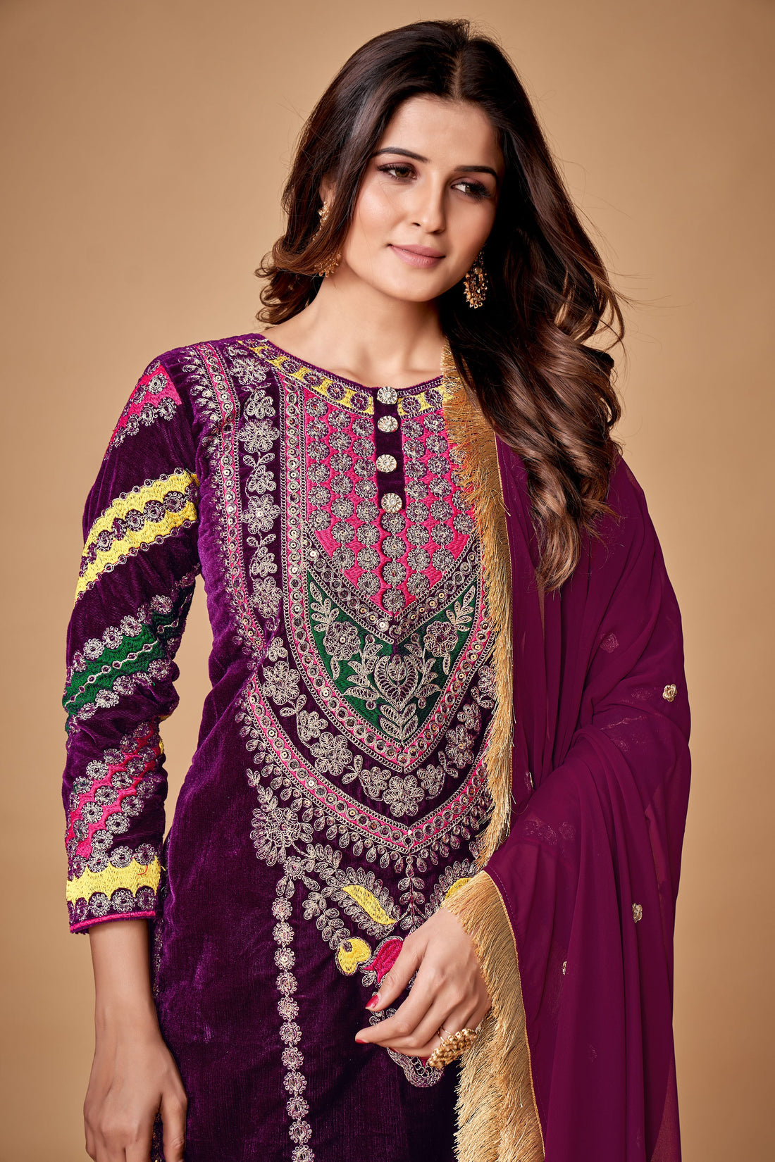 Purple Velvet Zari Embroidered Straight Kurta Set With Straight Bottom