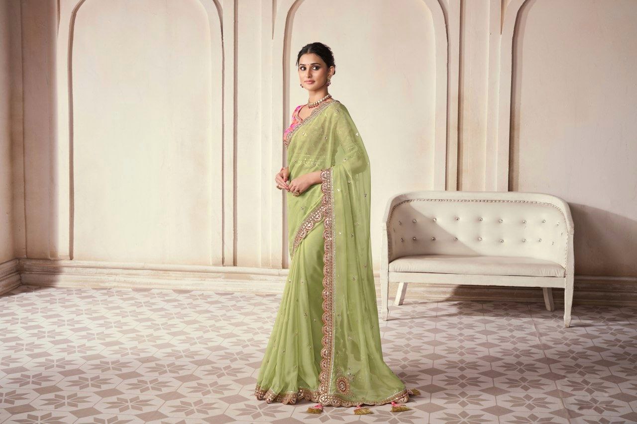 Pista Organza Cording Foil Embroidered Saree