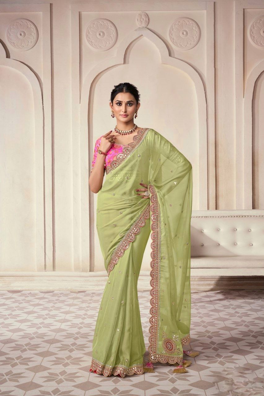 Pista Organza Cording Foil Embroidered Saree