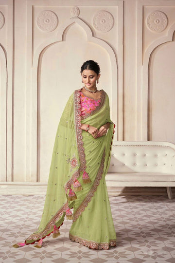 Pista Organza Cording Foil Embroidered Saree