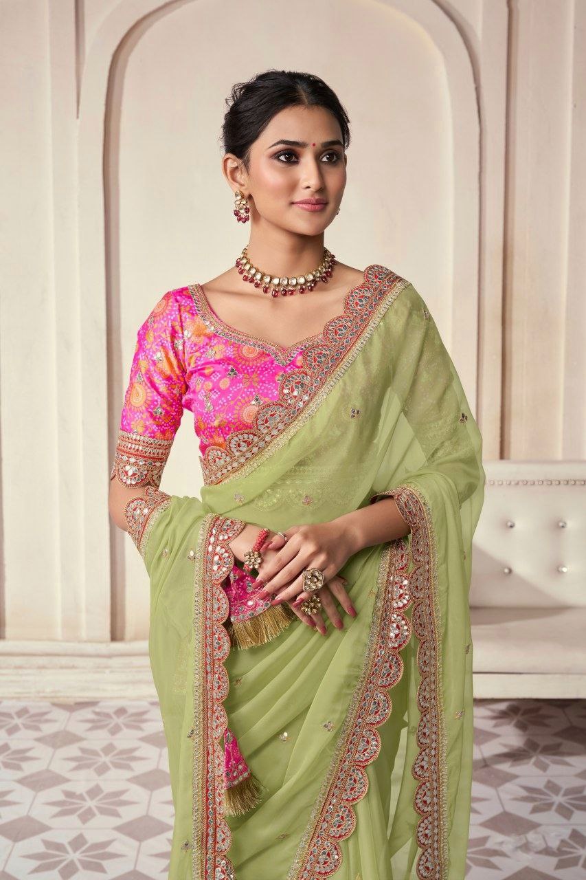 Pista Organza Cording Foil Embroidered Saree