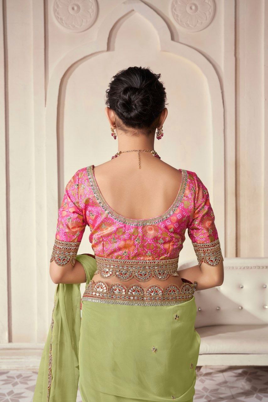 Pista Organza Cording Foil Embroidered Saree