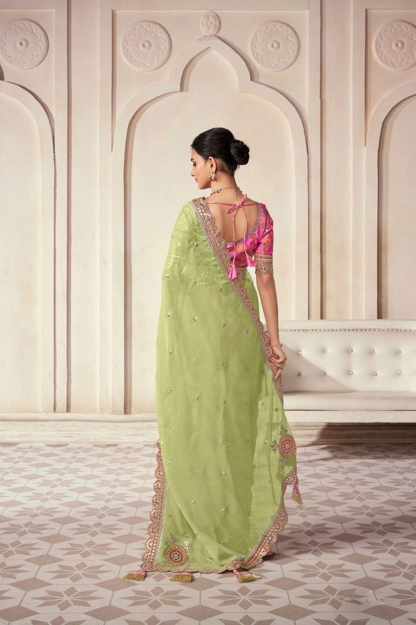 Pista Organza Cording Foil Embroidered Saree