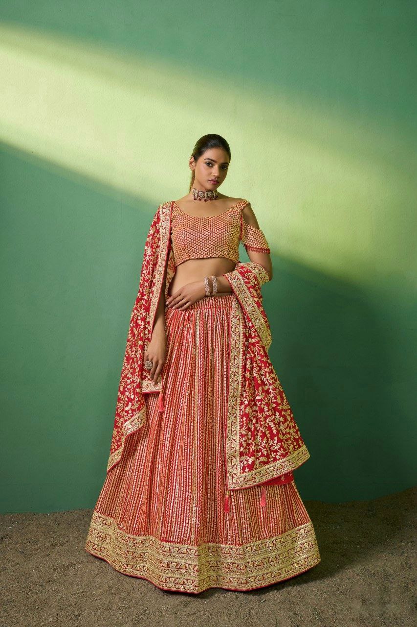 Red Embroidered Semi Stitched Lehenga
