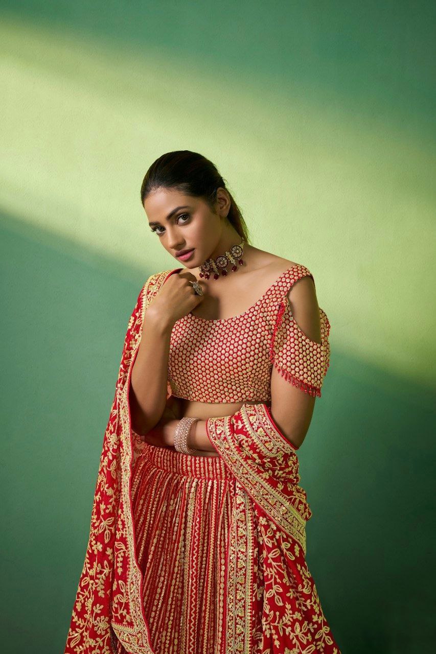 Red Embroidered Semi Stitched Lehenga