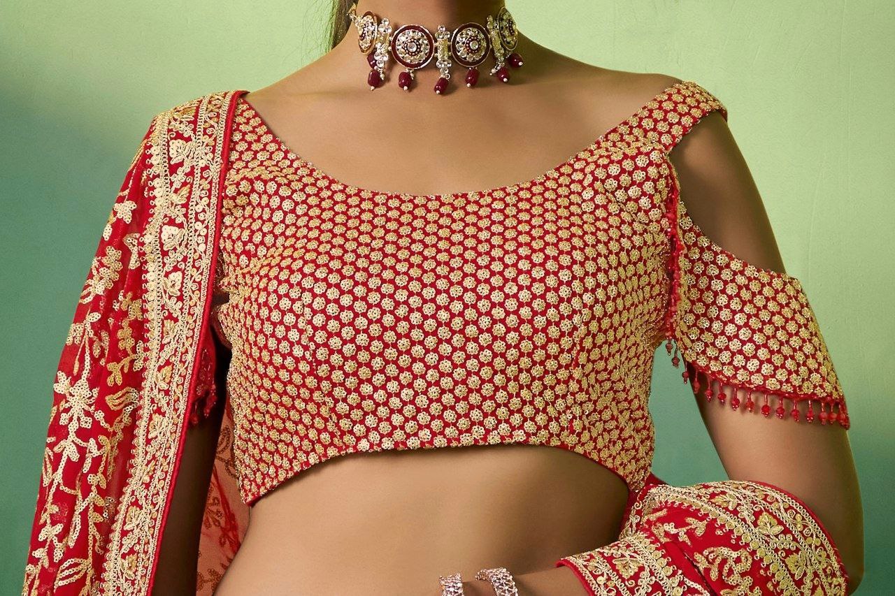 Red Embroidered Semi Stitched Lehenga