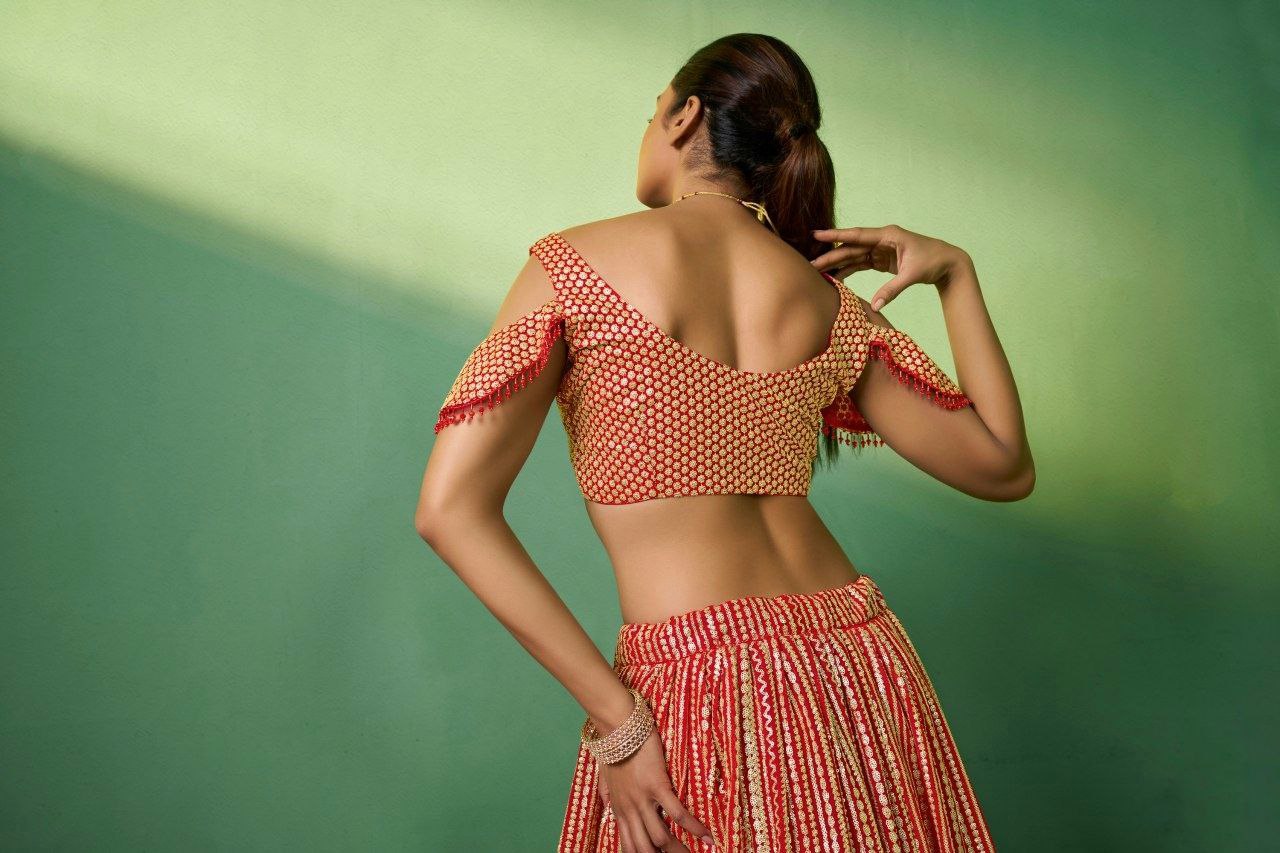 Red Embroidered Semi Stitched Lehenga