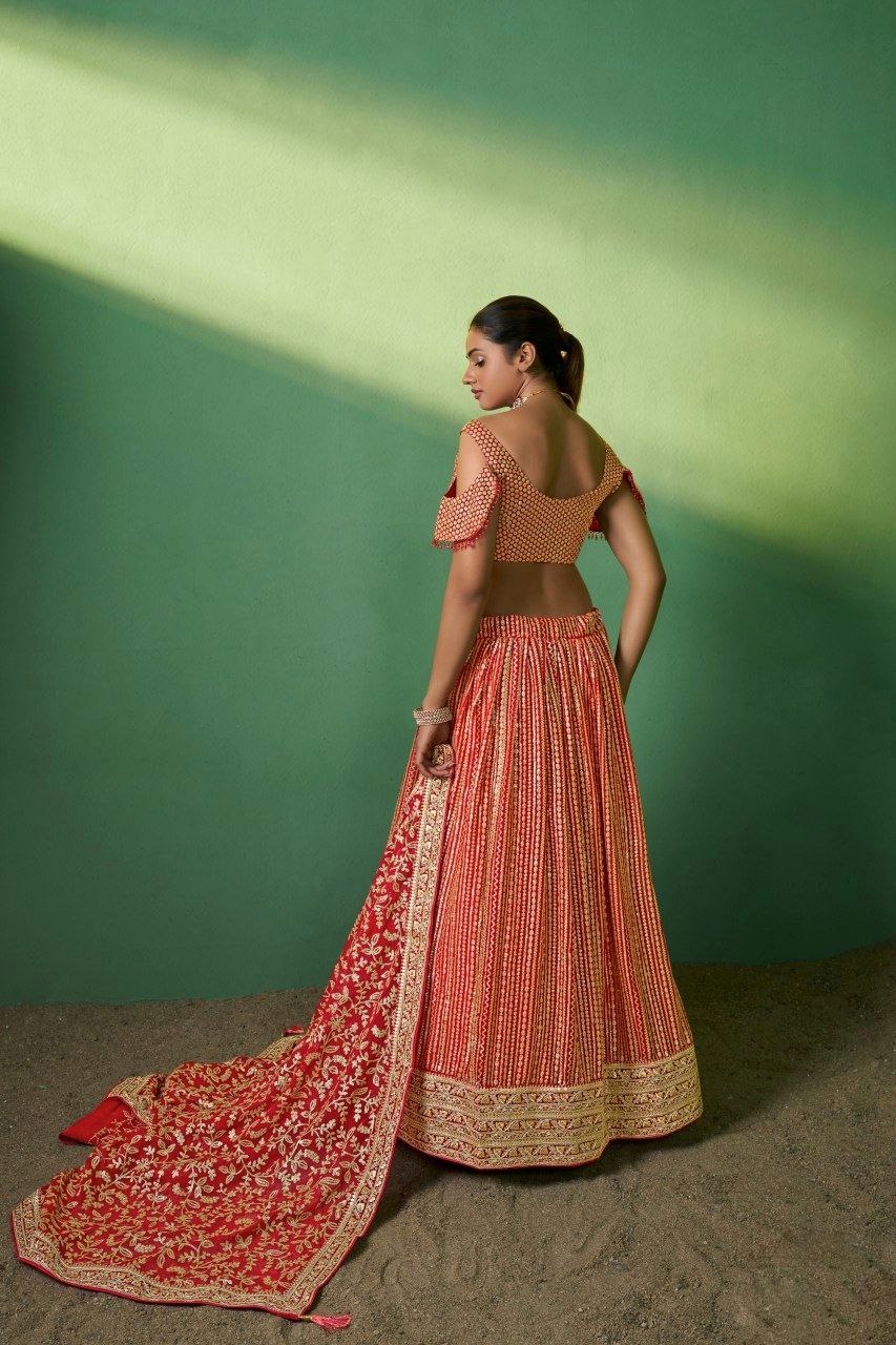 Red Embroidered Semi Stitched Lehenga