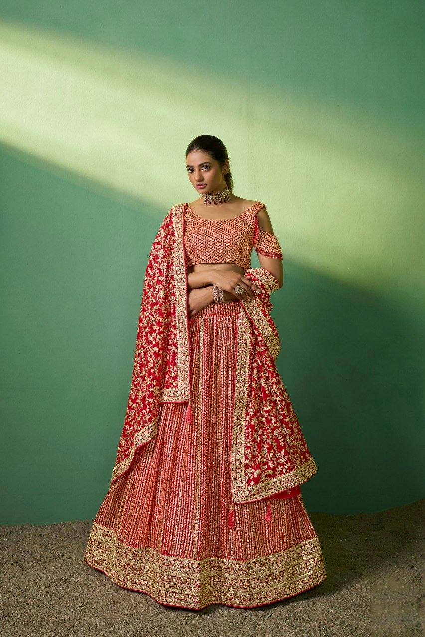 Red Embroidered Semi Stitched Lehenga