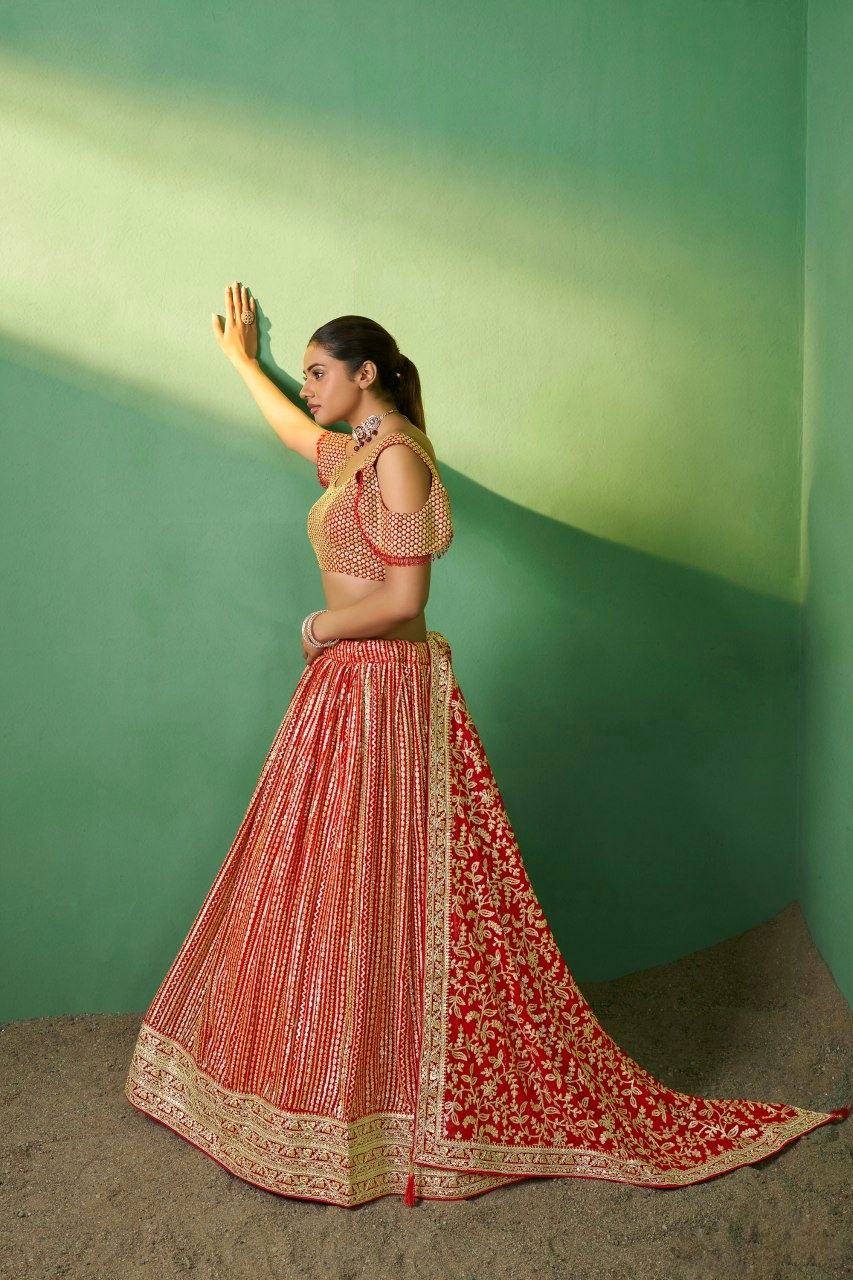 Red Embroidered Semi Stitched Lehenga