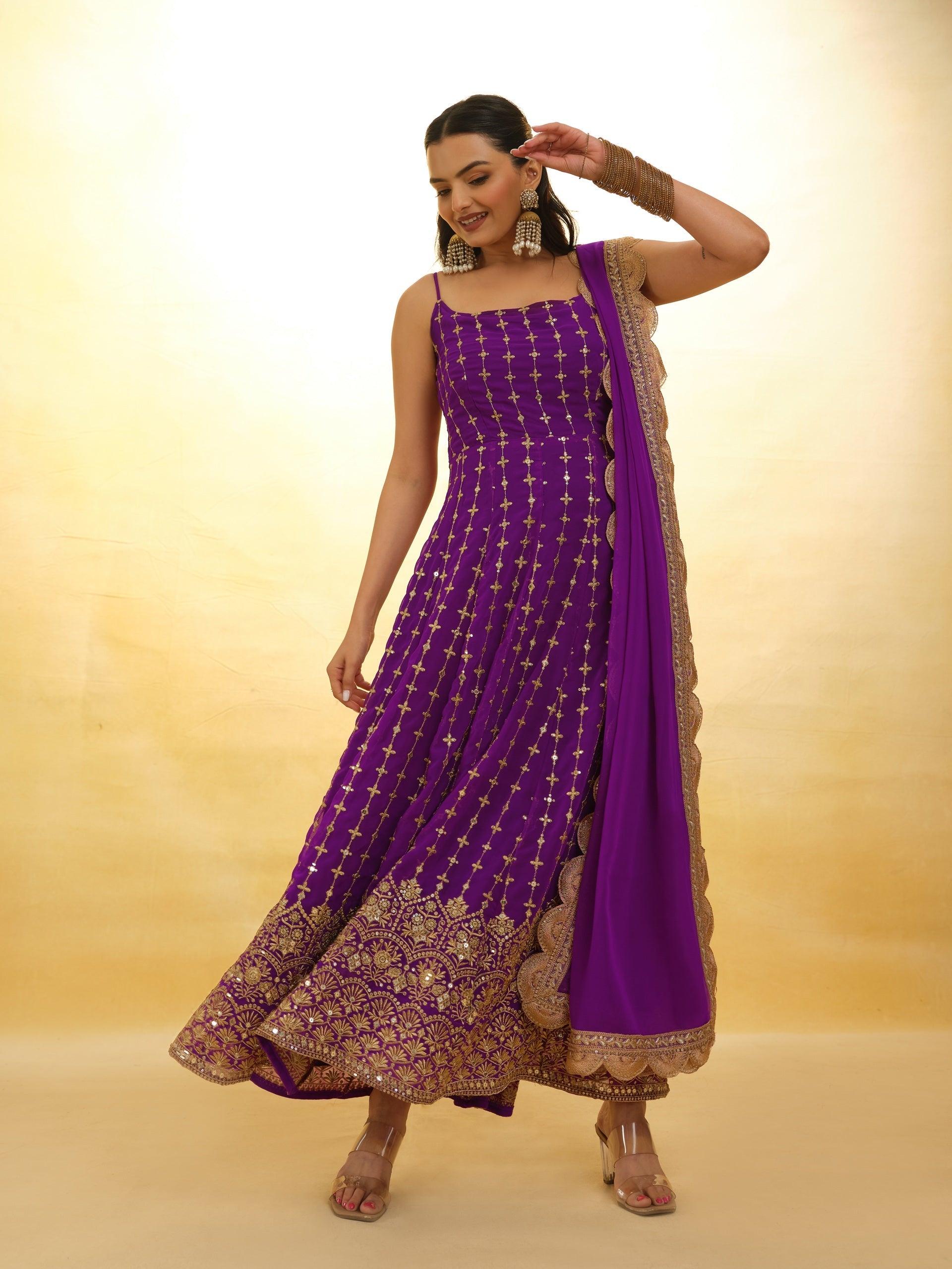 Purple Embroidered Anarkali in Georgette With Dupatta